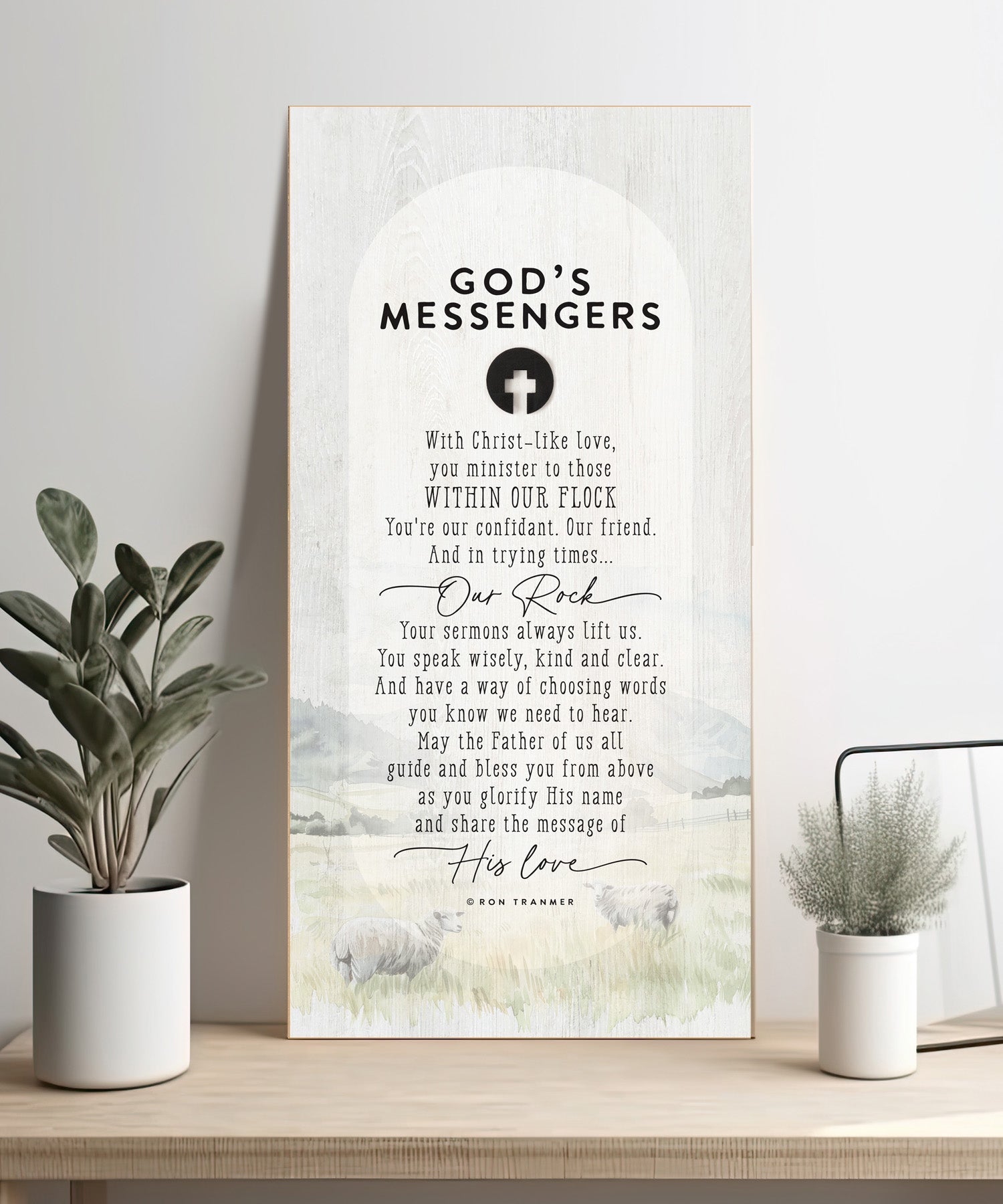 God’s Messengers 6x13 MDF Statement Board with neutral-toned artwork, natural edge, farmhouse-style design, and a laser-cut black wood emblem accent under the title featuring an inspirational quote.