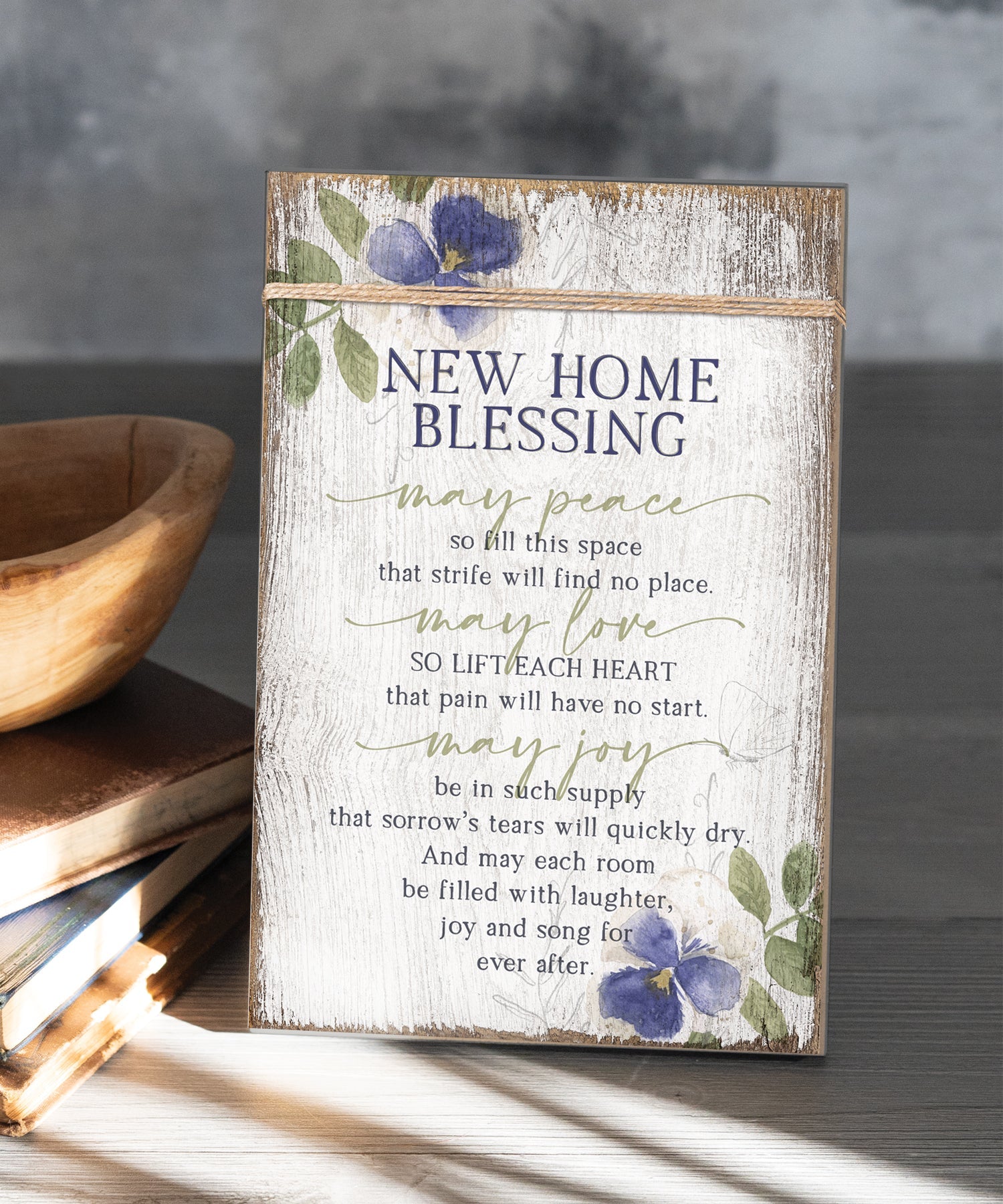 New Home Blessing 6x9 MDF Plaque wrapped with twine for a modern farmhouse look. It features full-color printing and a keyhole for easy hanging.