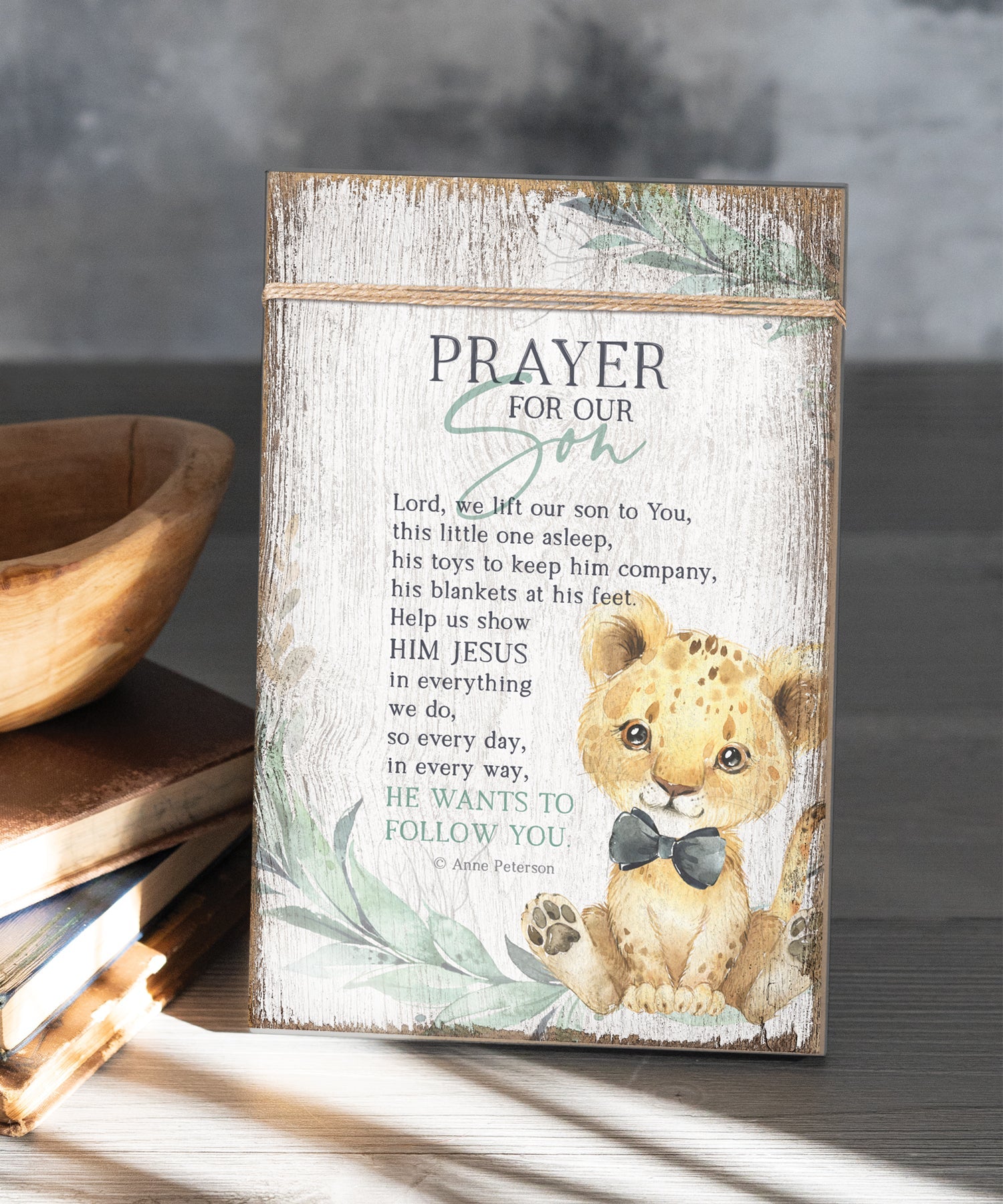 Prayer for Our Son 6x9 MDF Plaque wrapped with twine for a modern farmhouse look. It features full-color printing and a keyhole for easy hanging.
