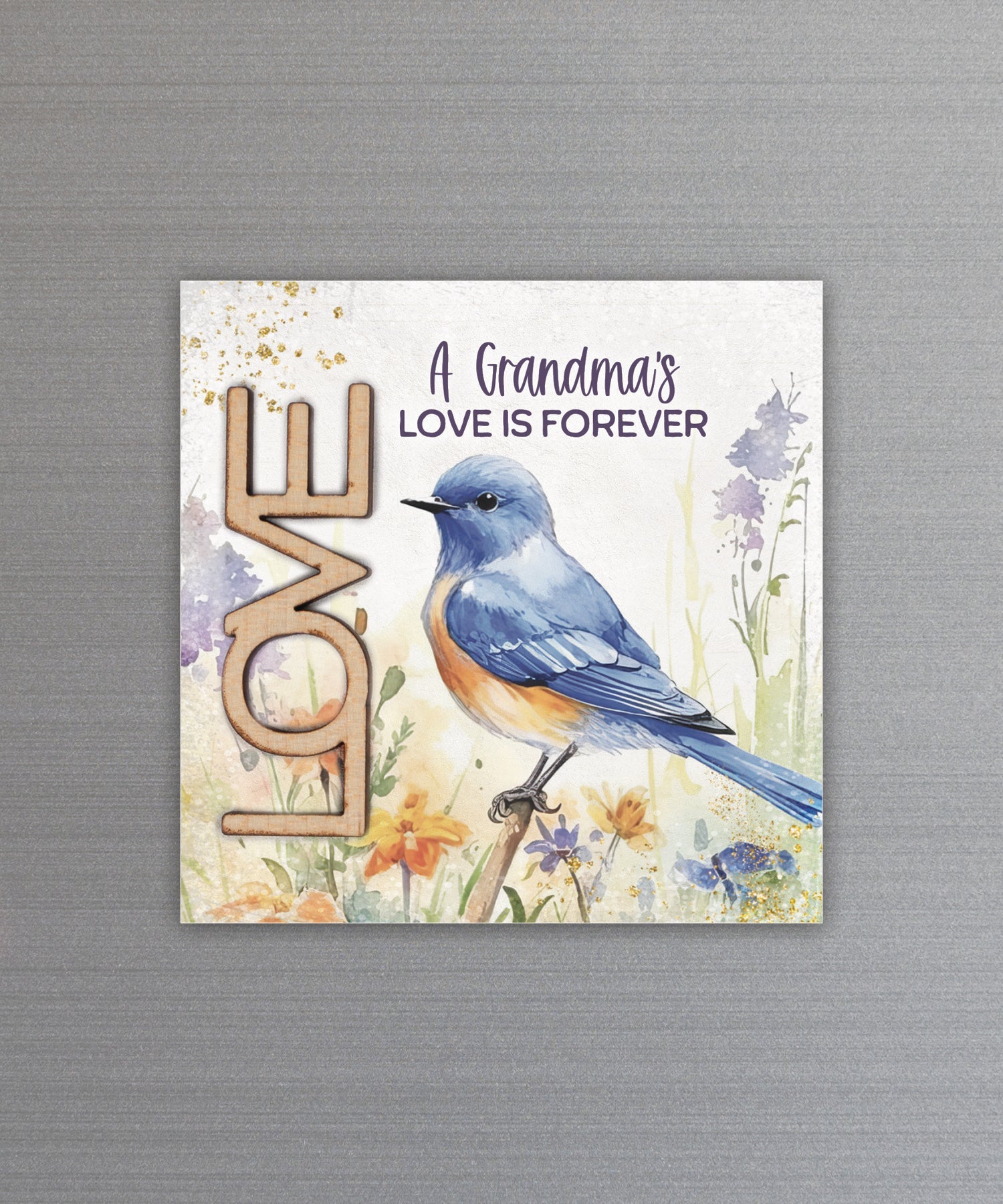 A Grandma’s Love magnet-plaque with laser-cut wooden words, premium MDF wood, and versatile easel stand.