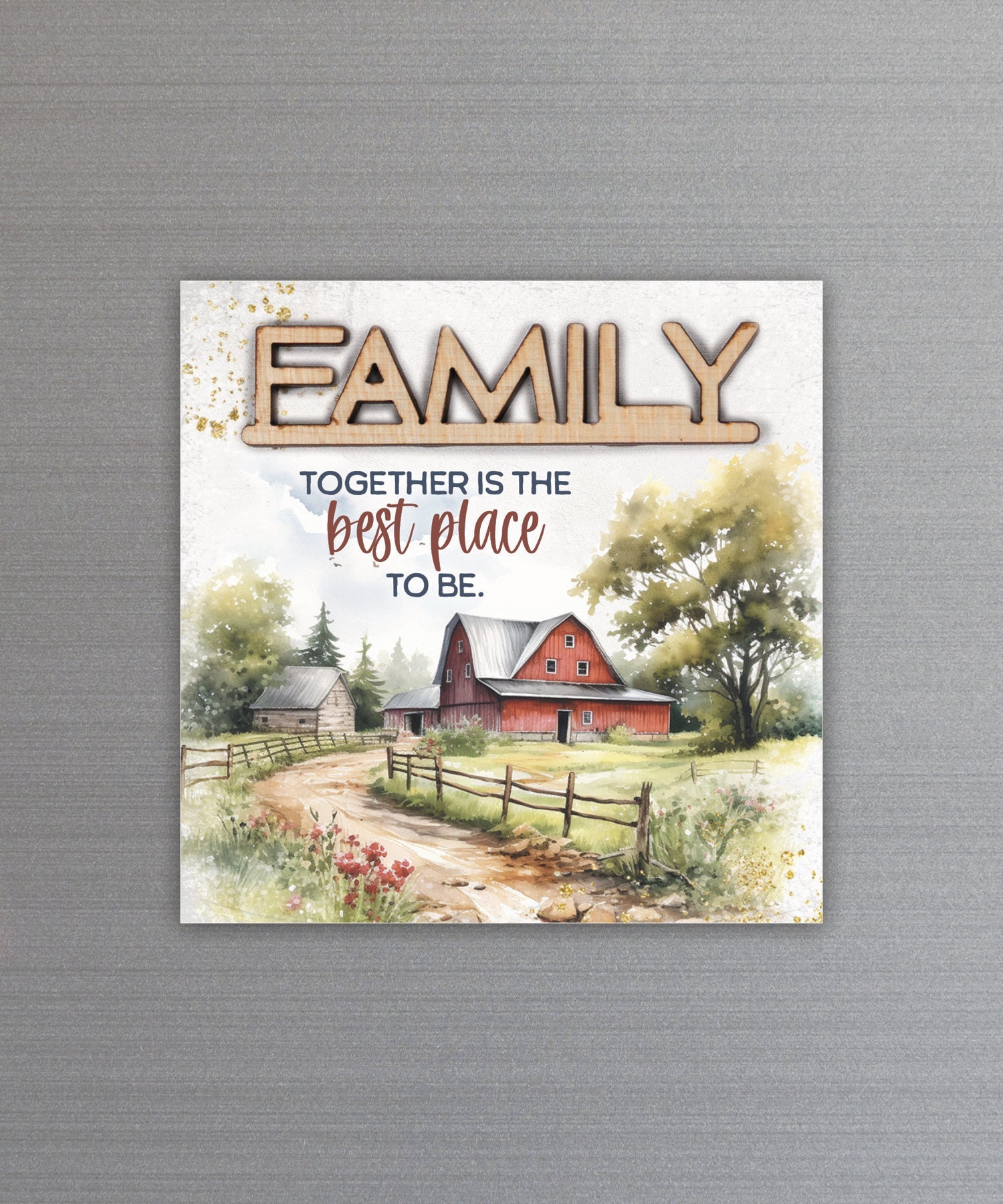 Family – Together Is the Best magnet-plaque with laser-cut wooden word and inspirational family message