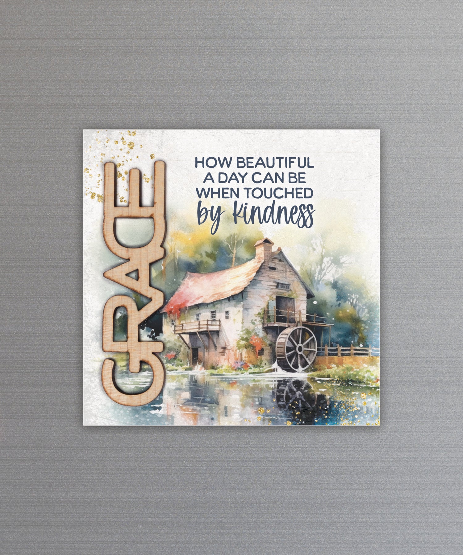 Grace – How Beautiful a Day magnet-plaque with laser-cut wooden word and inspirational message