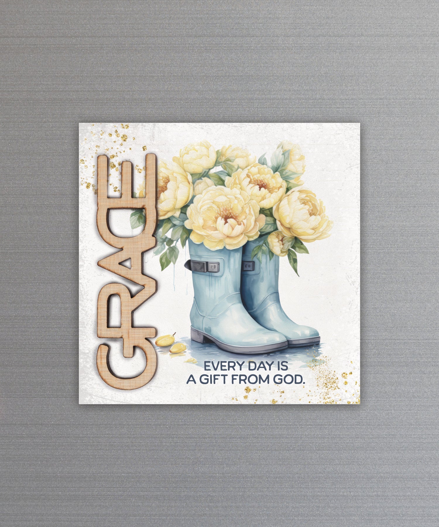 Grace – Every Day Is a Gift magnet-plaque with laser-cut wooden word and inspirational message on MDF