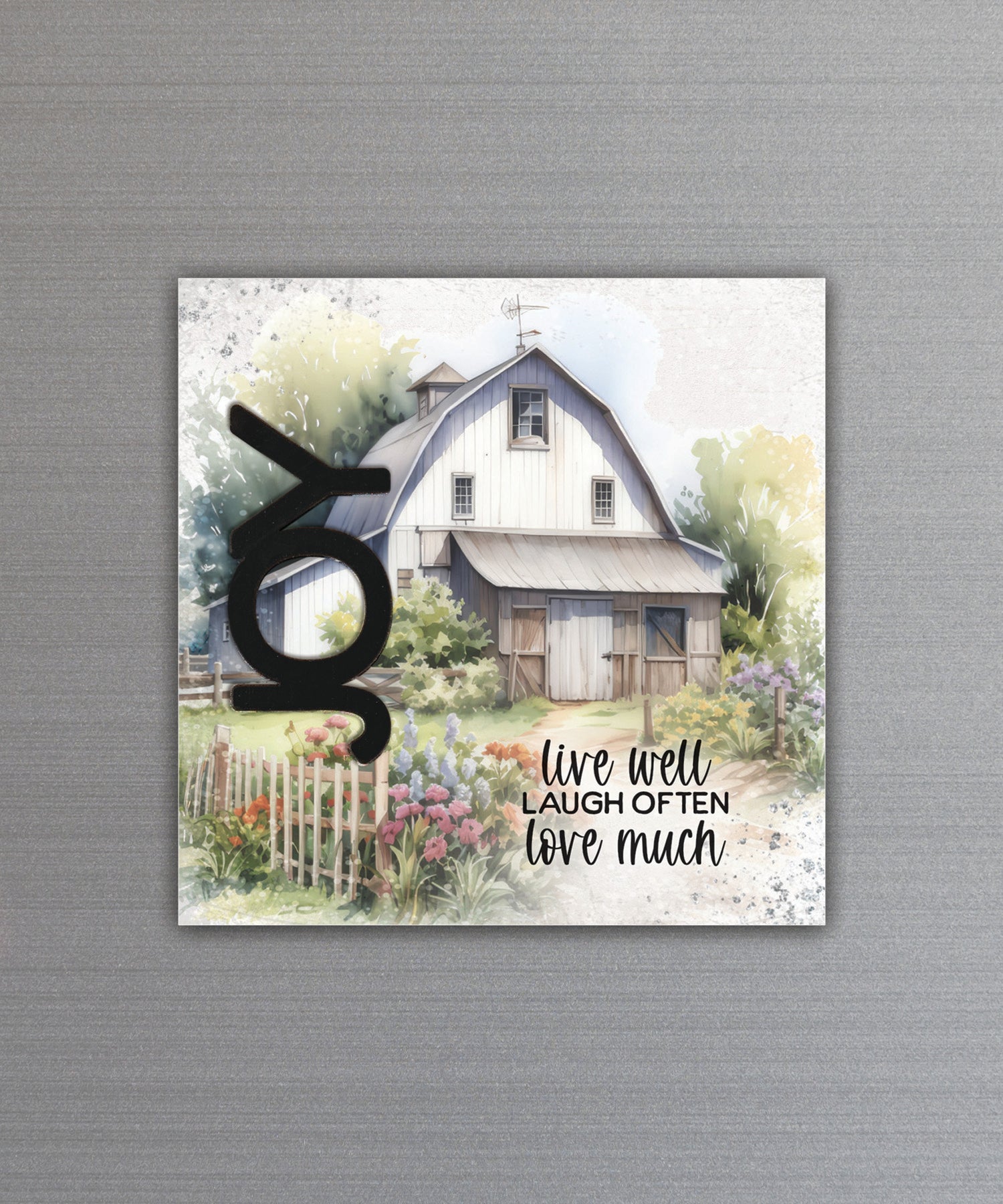 Joy – Live Well Laugh Often magnet-plaque with black laser-cut wooden word and joyful message on MDF