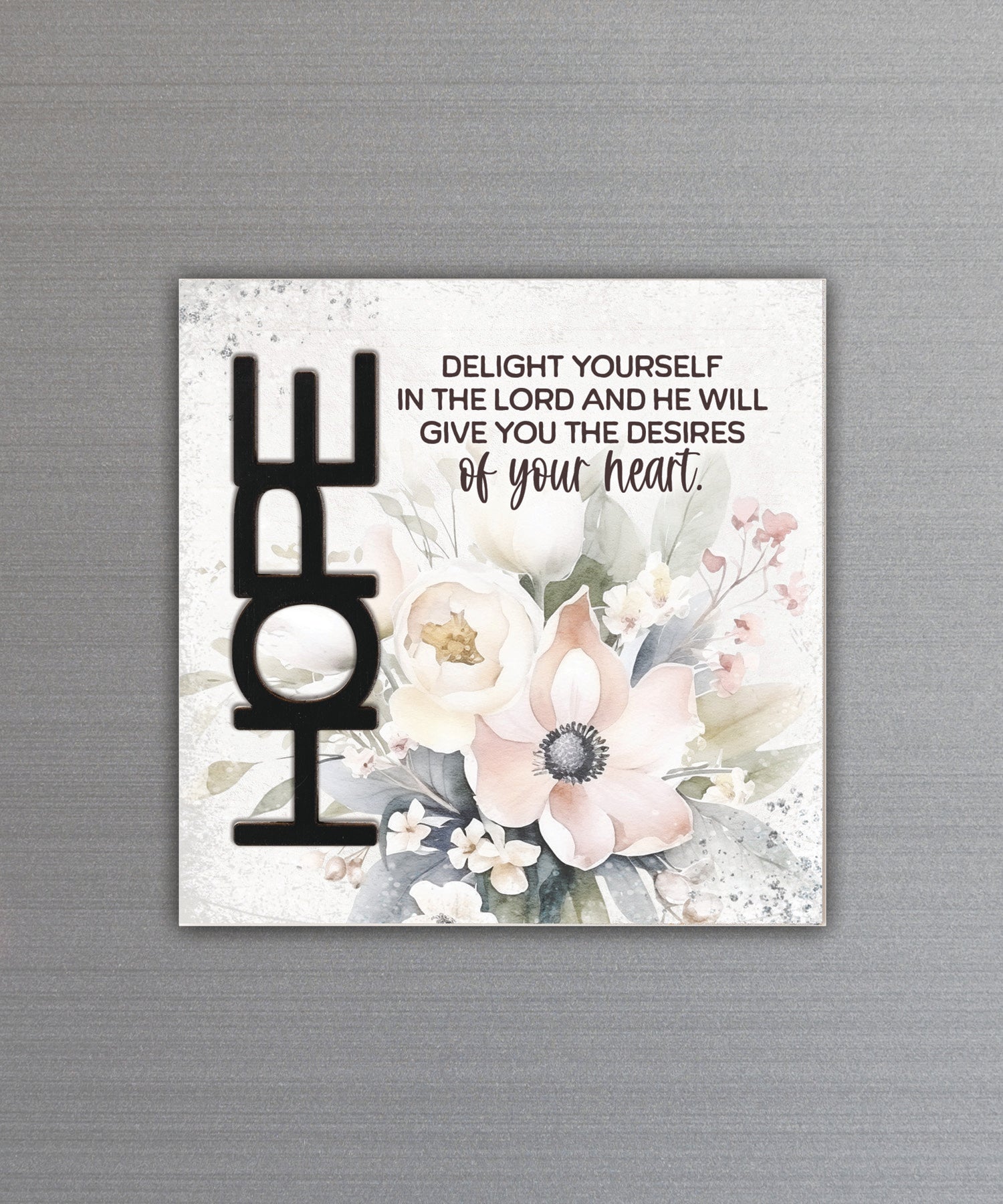 Delight Yourself in the Lord Magnet-Plaque with laser-cut wooden words, premium MDF wood, and versatile easel stand.