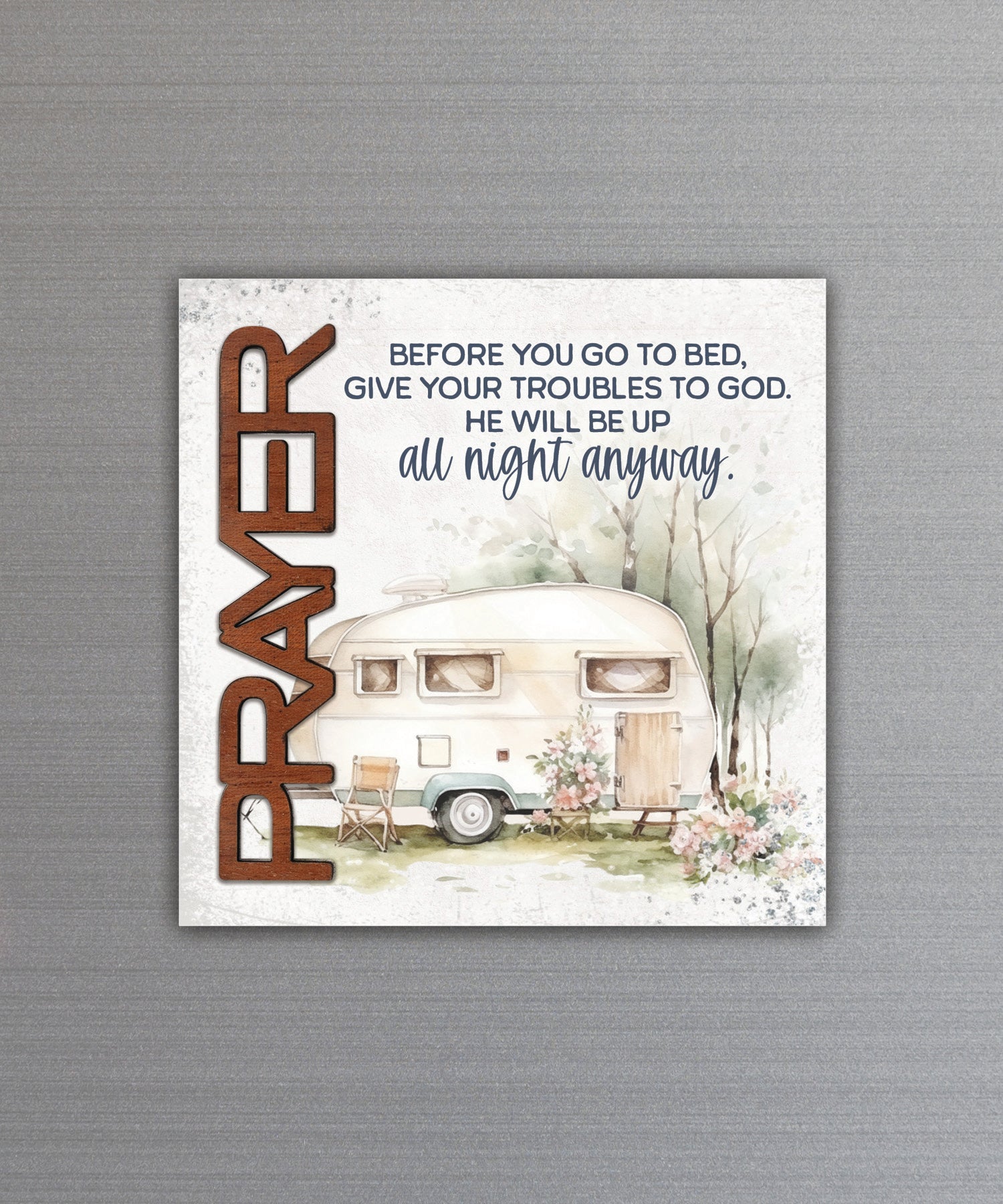 Prayer – Troubles to God magnet-plaque with laser-cut wooden word and comforting faith message on MDF