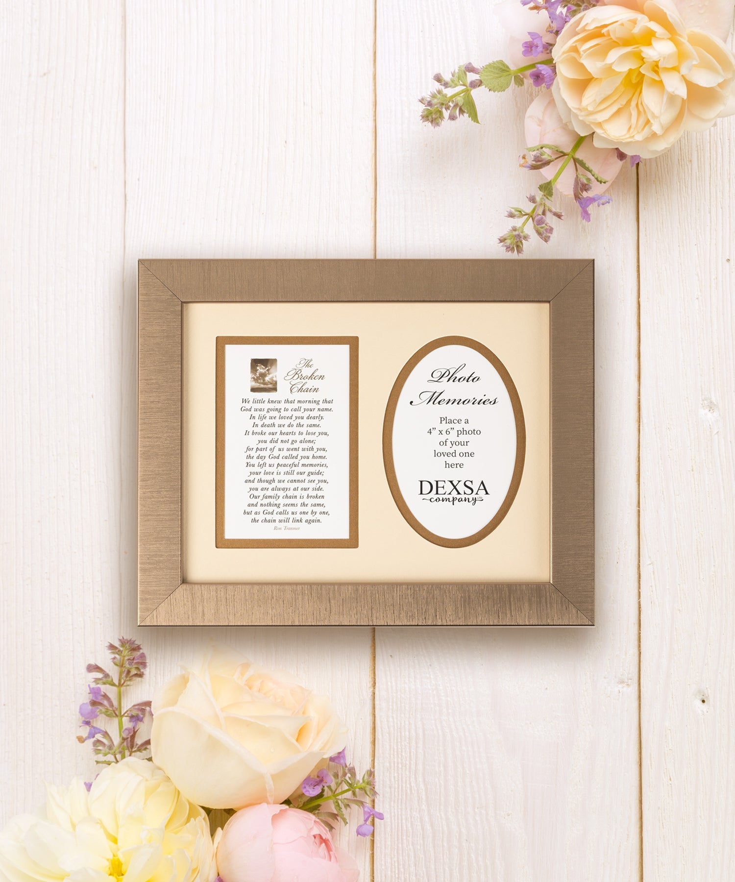 Broken Chain Photo Frame with heartfelt verse, neutral design, classic wood frame, and double matting