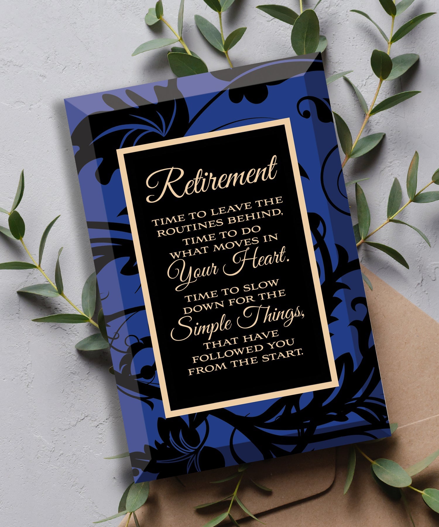 Retirement Glass Plaque, which has smooth beveled edges and a screen-printed design, is perfect for display on a shelf.