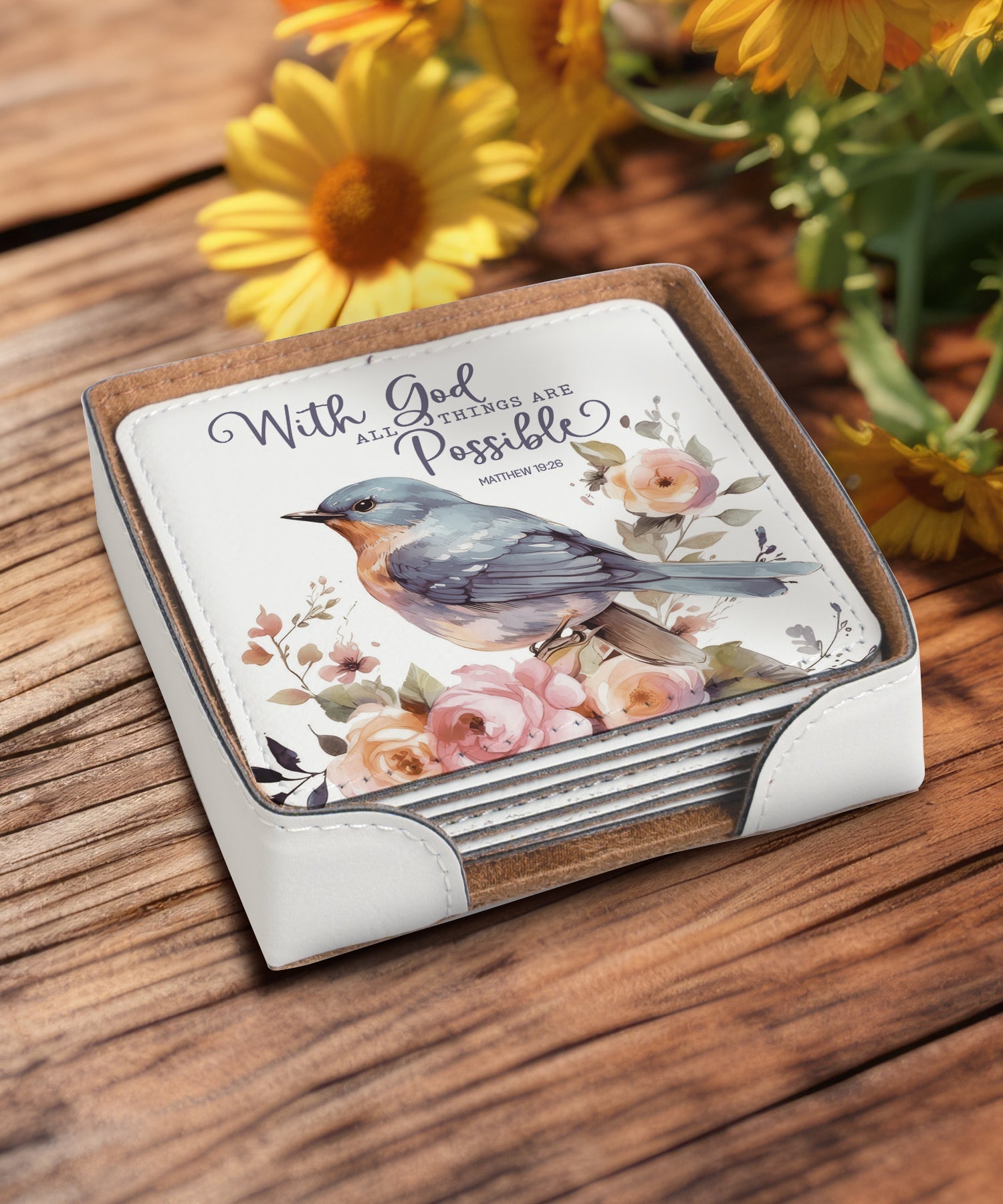 With God All Things 6-Piece Coaster Set -  Inspirational Floral Design.