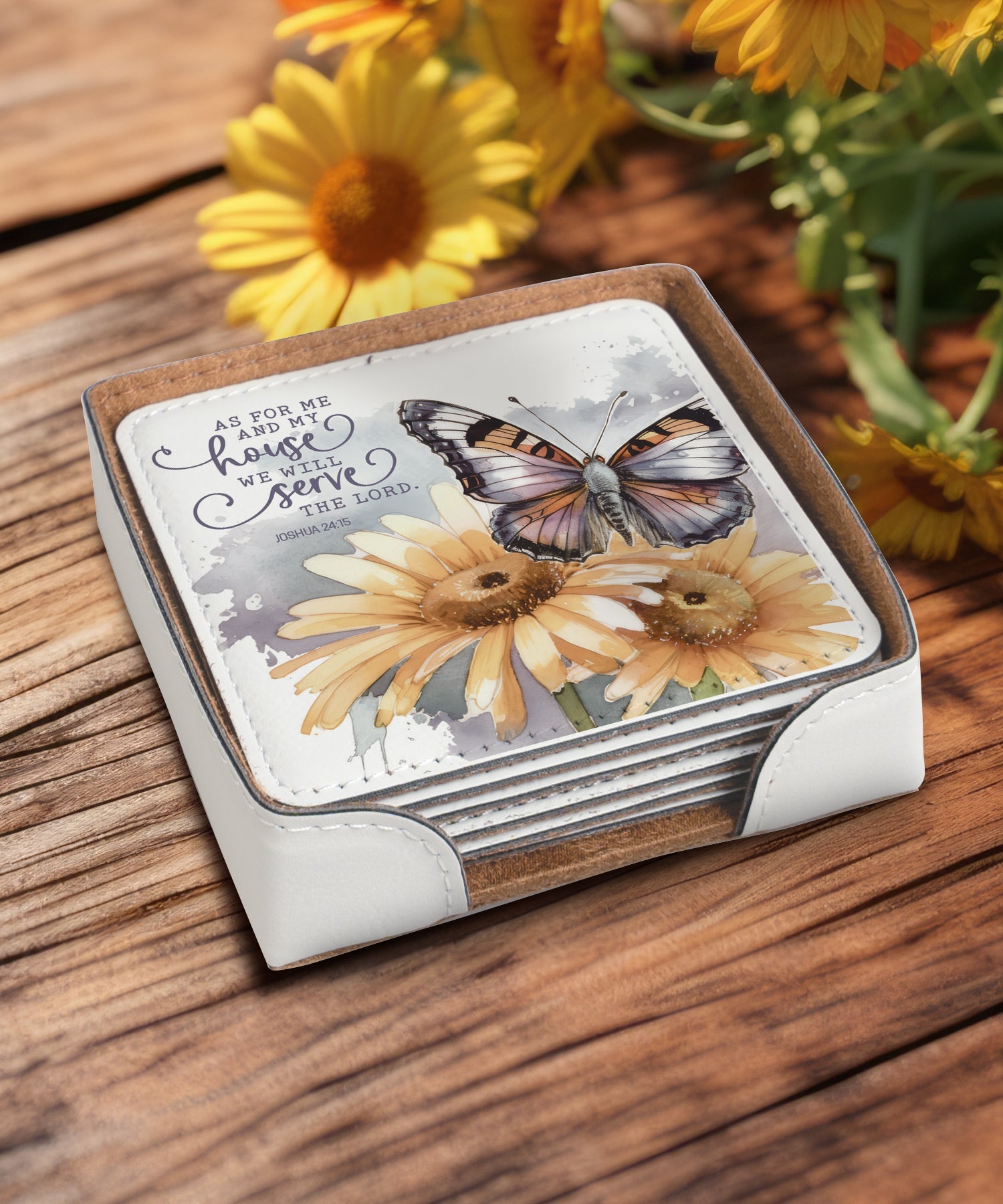 As for me and my house leatherette coaster set with matching holder and Bible verse