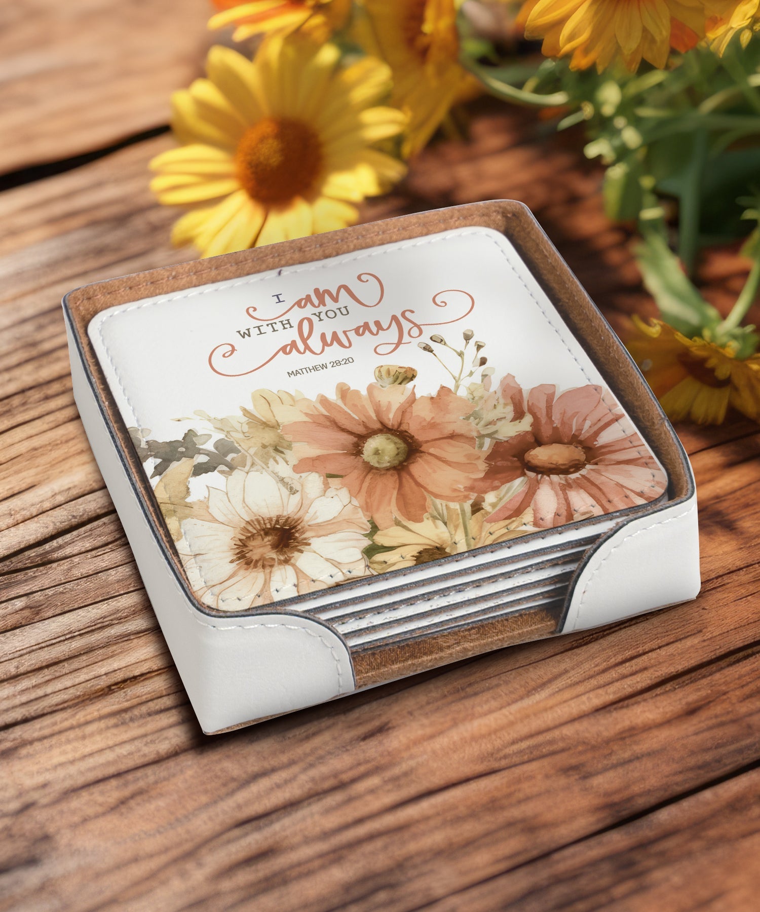 I am with you always leatherette coaster set with matching holder and Bible verse