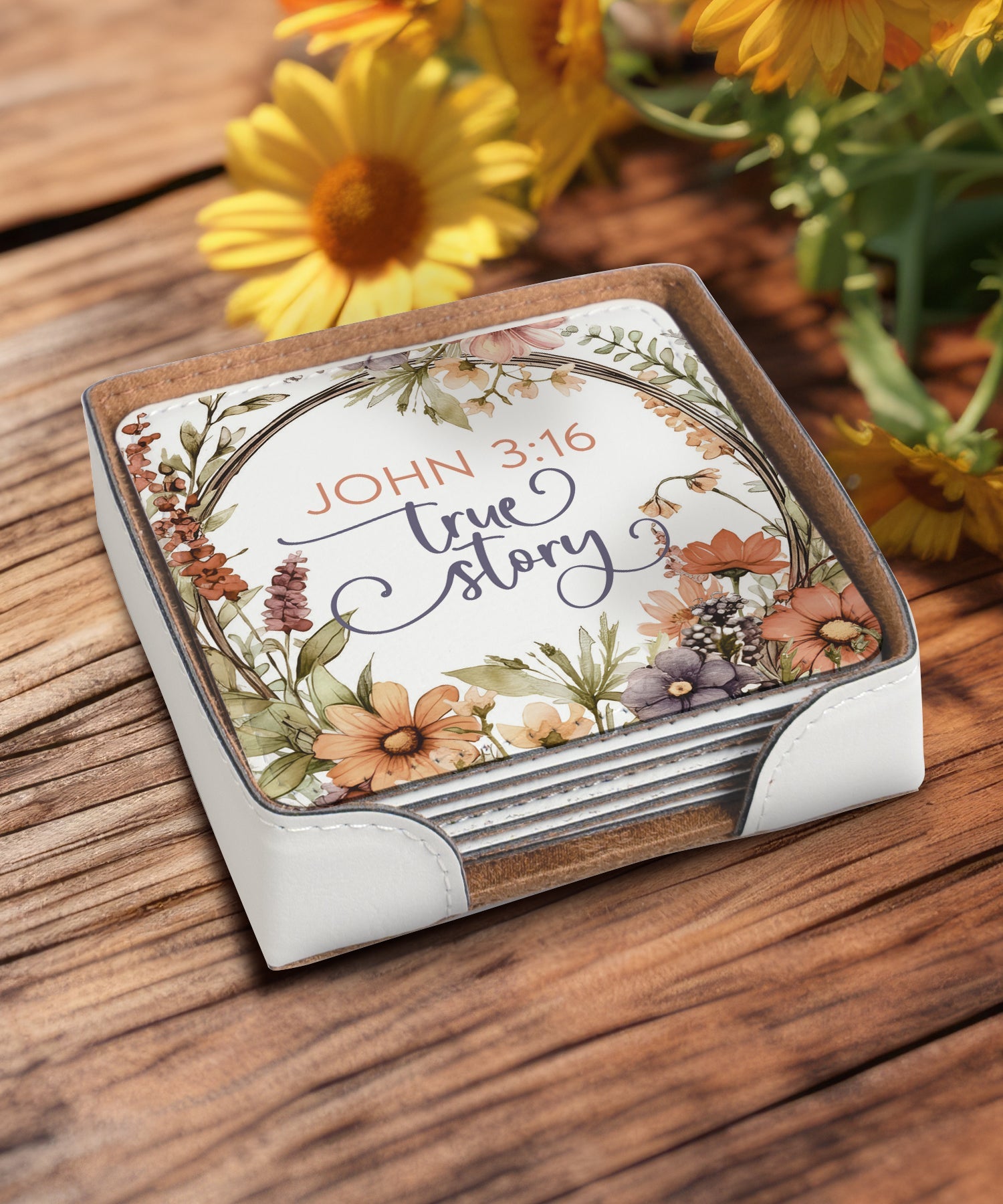 John 3:16 True Story leatherette coaster set with matching holder and Bible verse