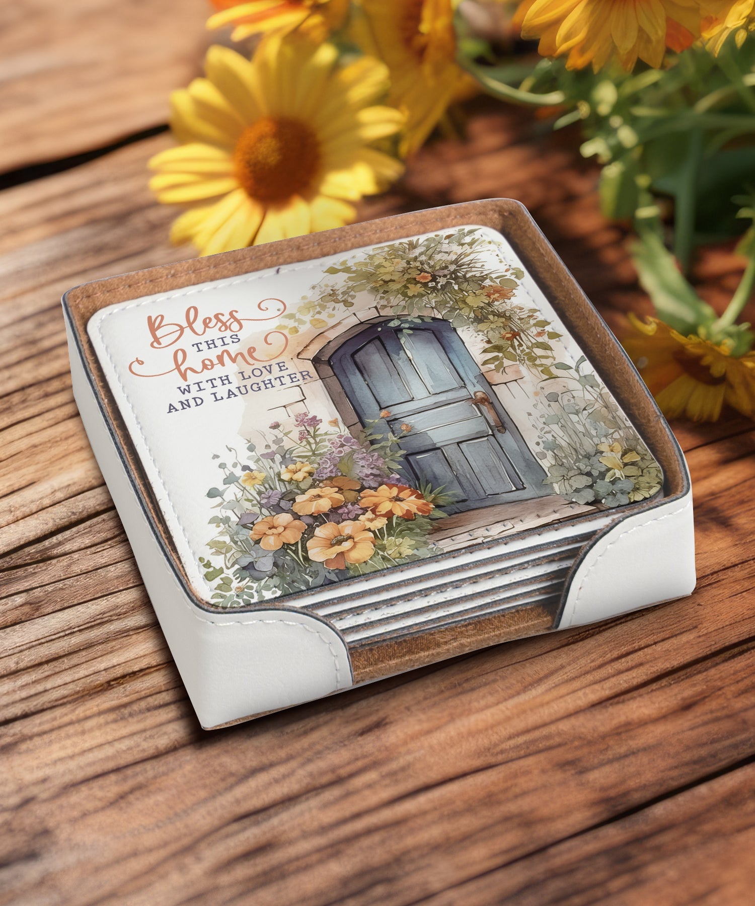 Bless This Home leatherette coaster set with matching holder and inspirational message