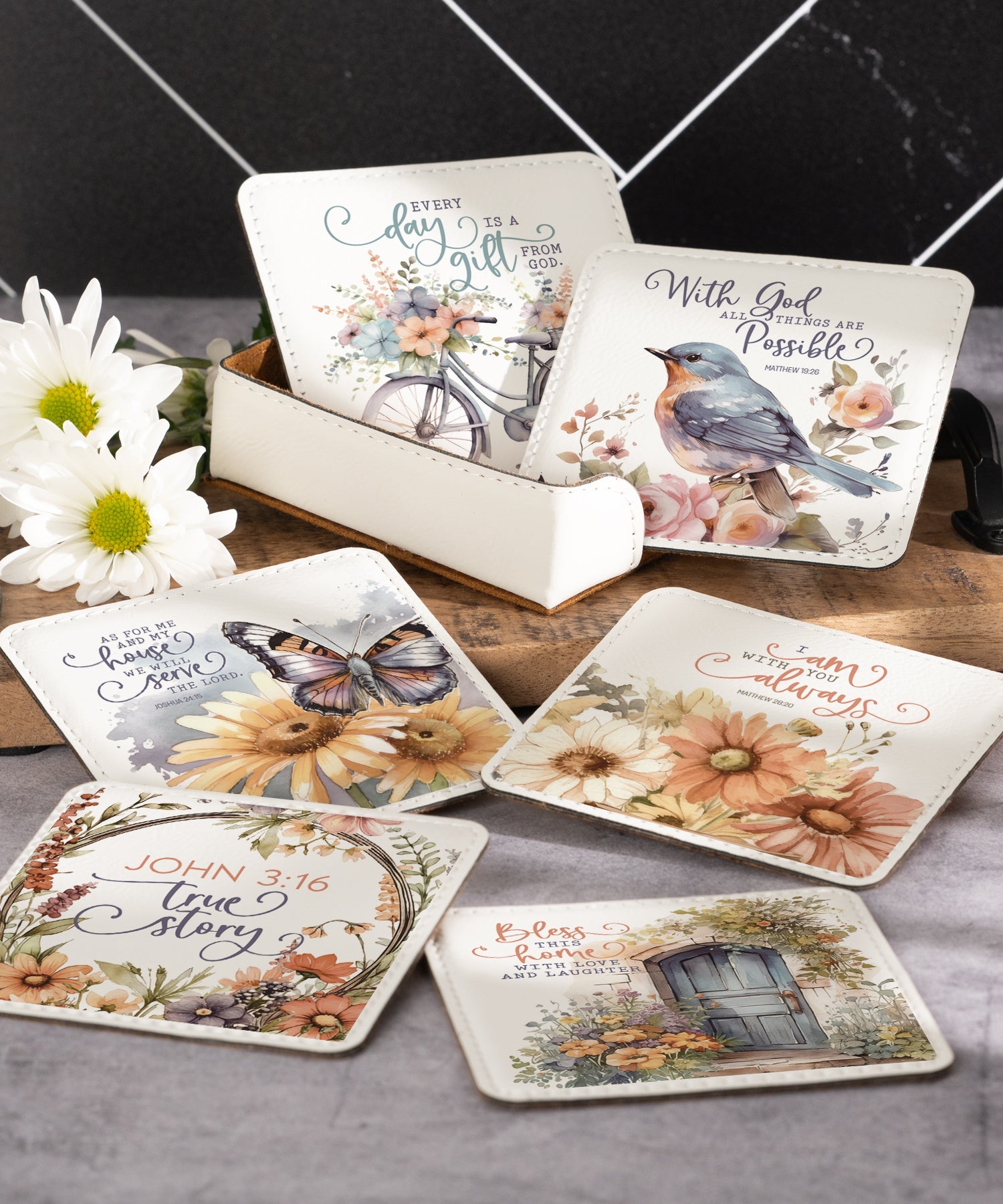 Faith and inspiration assorted leatherette coaster set with six floral designs and matching holder