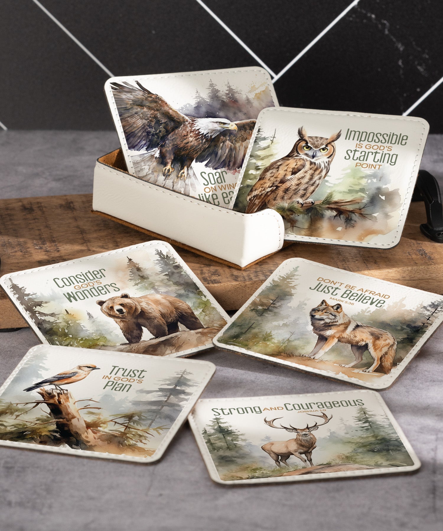 Faith and strength assorted leatherette coaster set with wildlife designs and matching holder