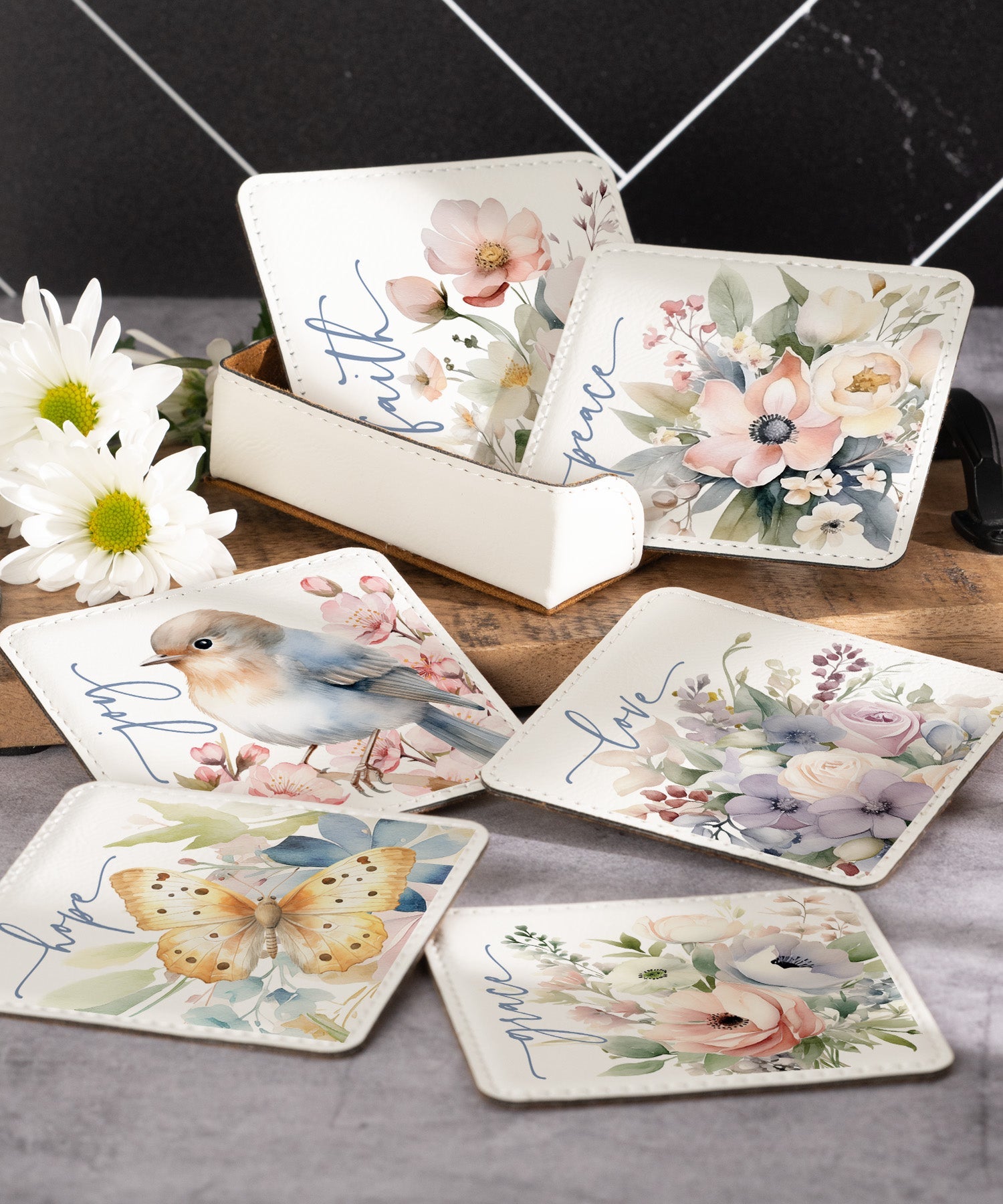 Peaceful Petals assorted leatherette coaster set with floral designs and matching holder