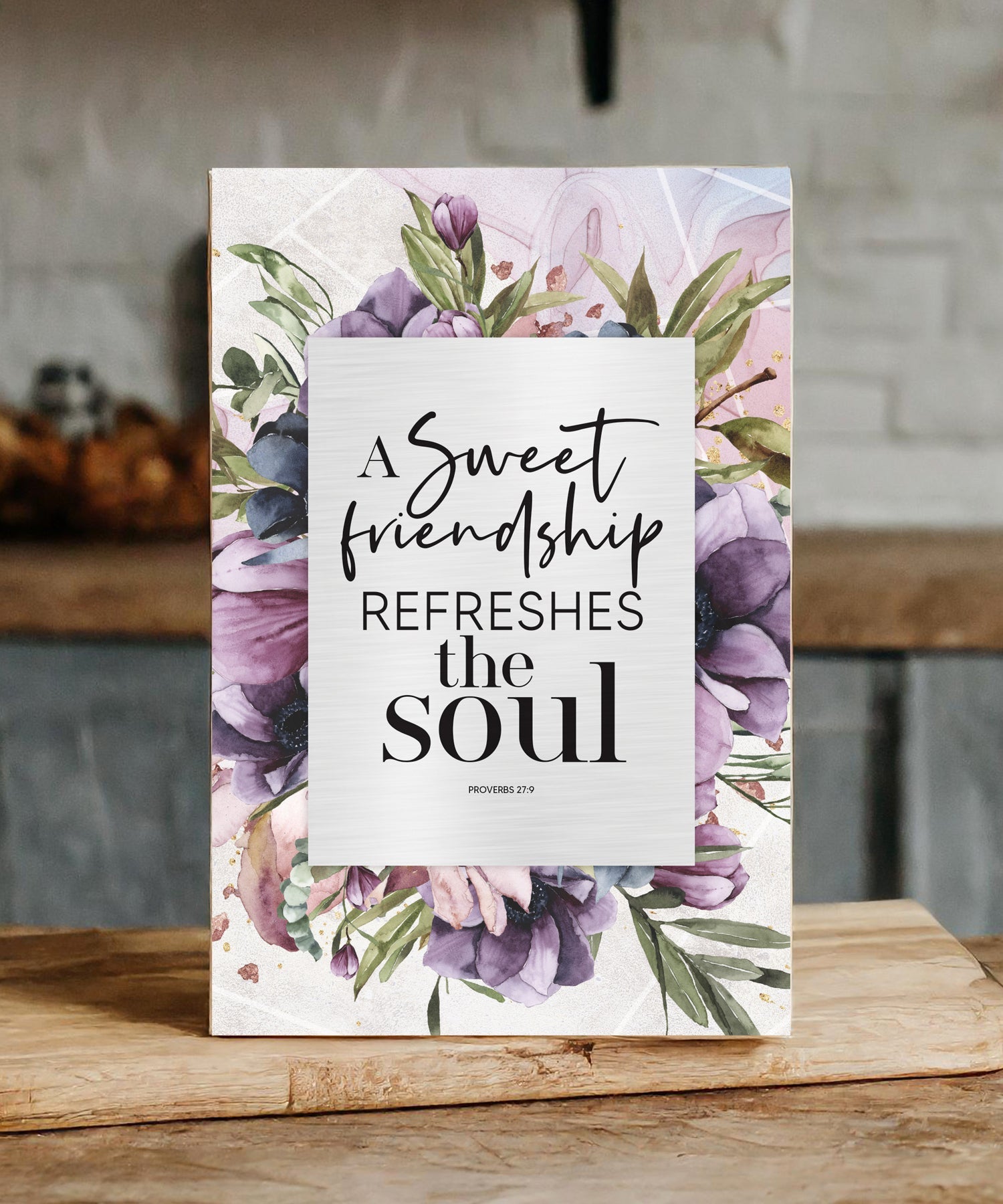 A Sweet Friendship 6x9 MDF Plaque with watercolor artwork, silver edge, and inspirational verse