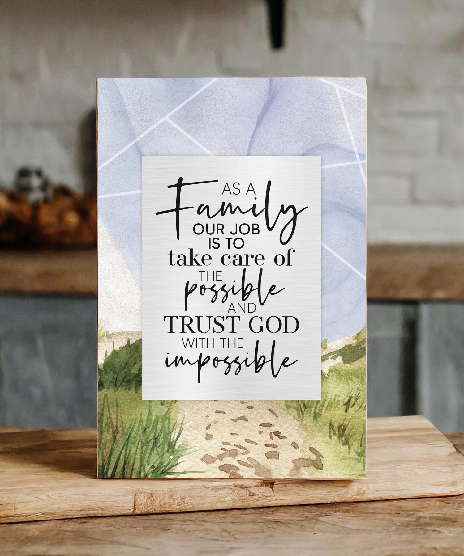 As a Family 6x9 MDF plaque with faith-based family message, watercolor artwork, and silver edge