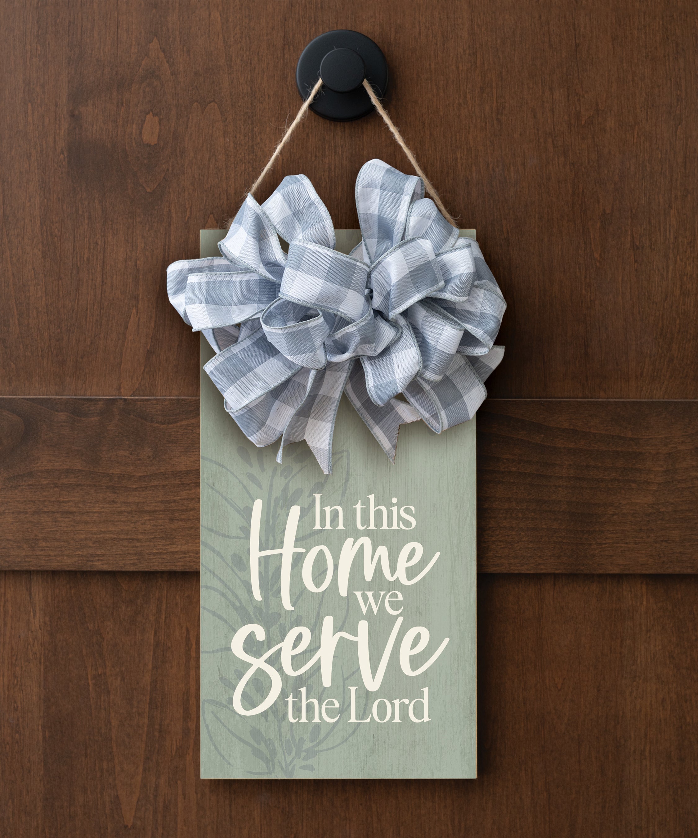 In This Home We Serve the Lord hangable blessing with jute twine cord, fabric bow, and full-color printed verse