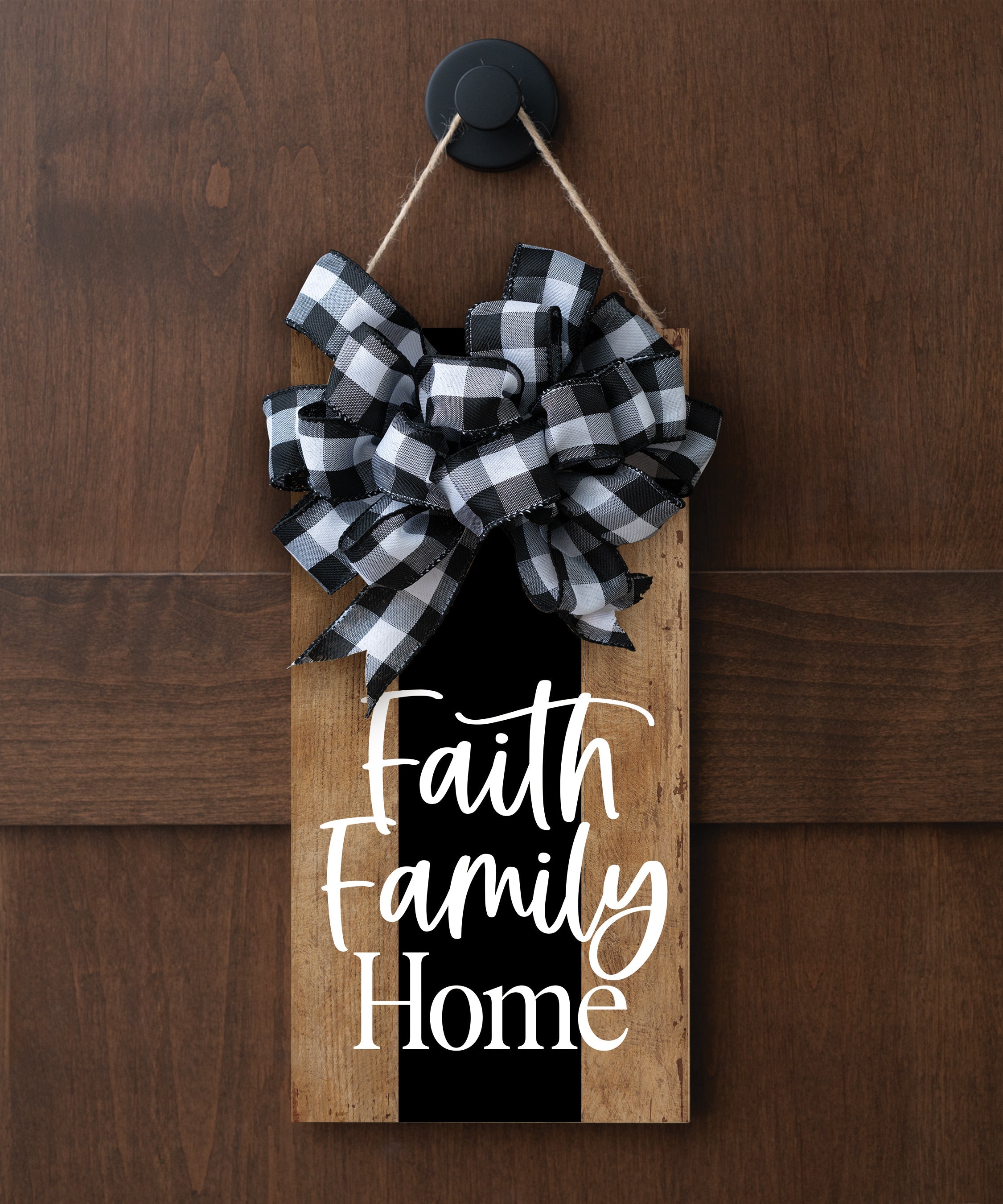 Faith Family Home hangable blessing with jute twine cord, fabric bow, and full-color printed artwork