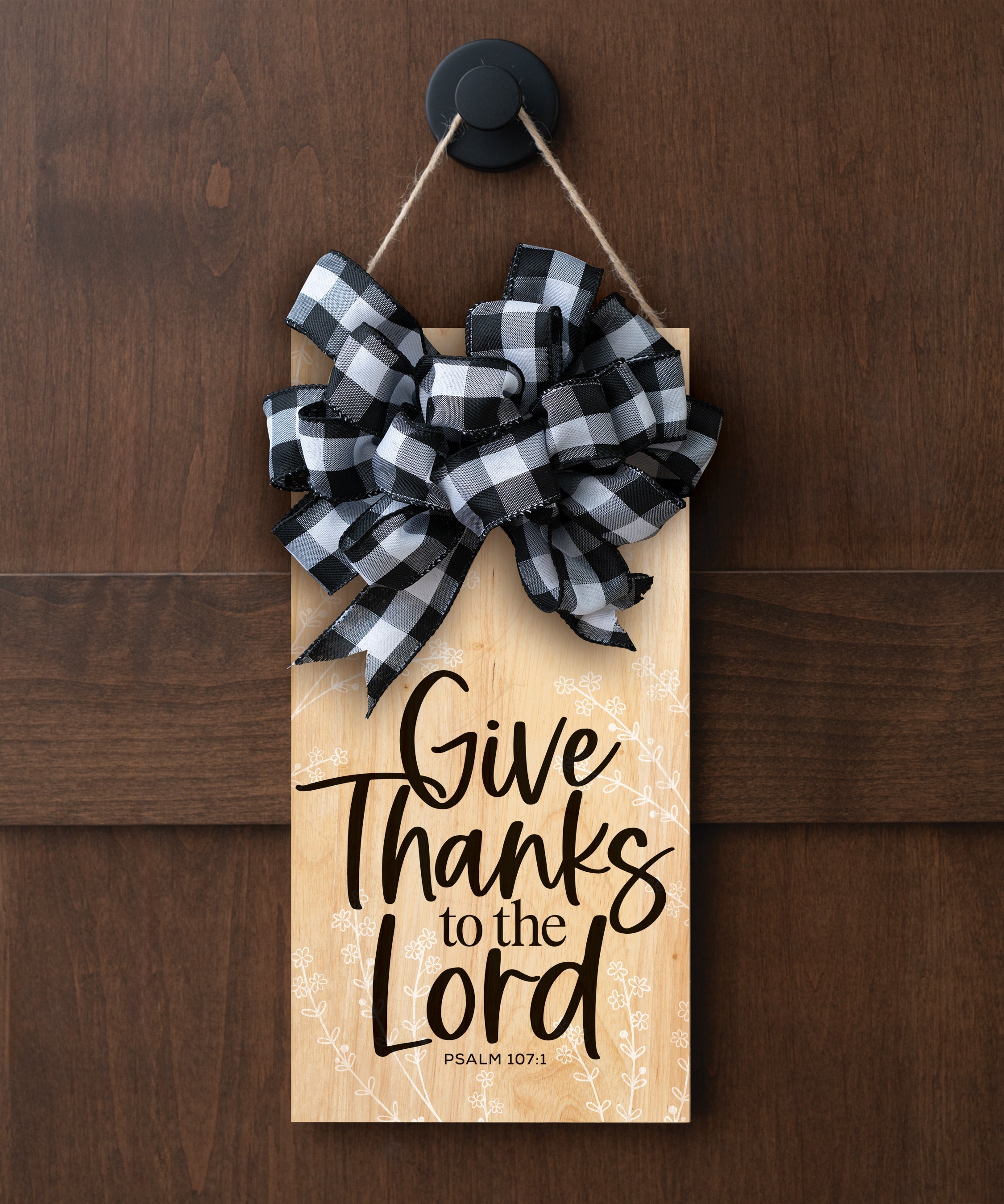 Give Thanks to the Lord hangable blessing with jute twine cord, fabric bow, and full-color printed verse