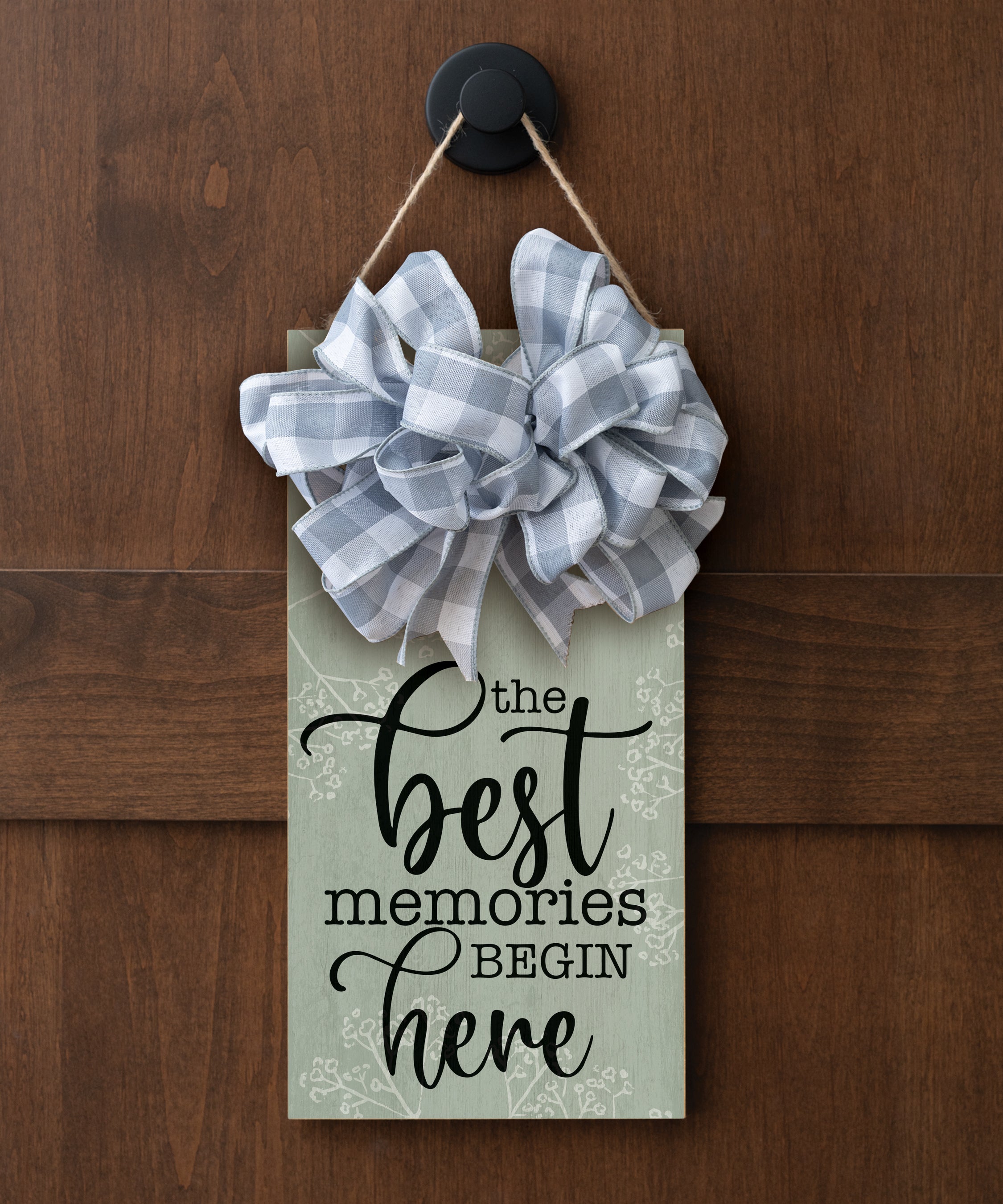 The Best Memories Begin Here hangable blessing with jute twine cord, fabric bow, and full-color printed artwork
