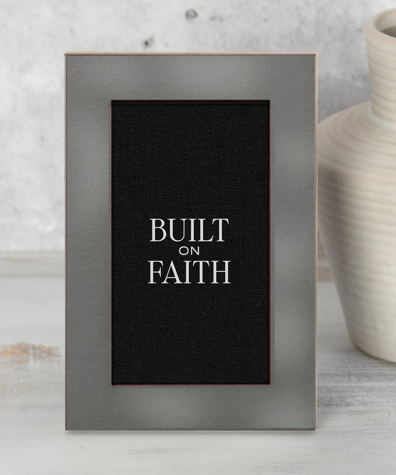 Modern Grace Built on Faith 4x6 MDF tabletop plaque with charcoal layered frame and black linen-inspired background