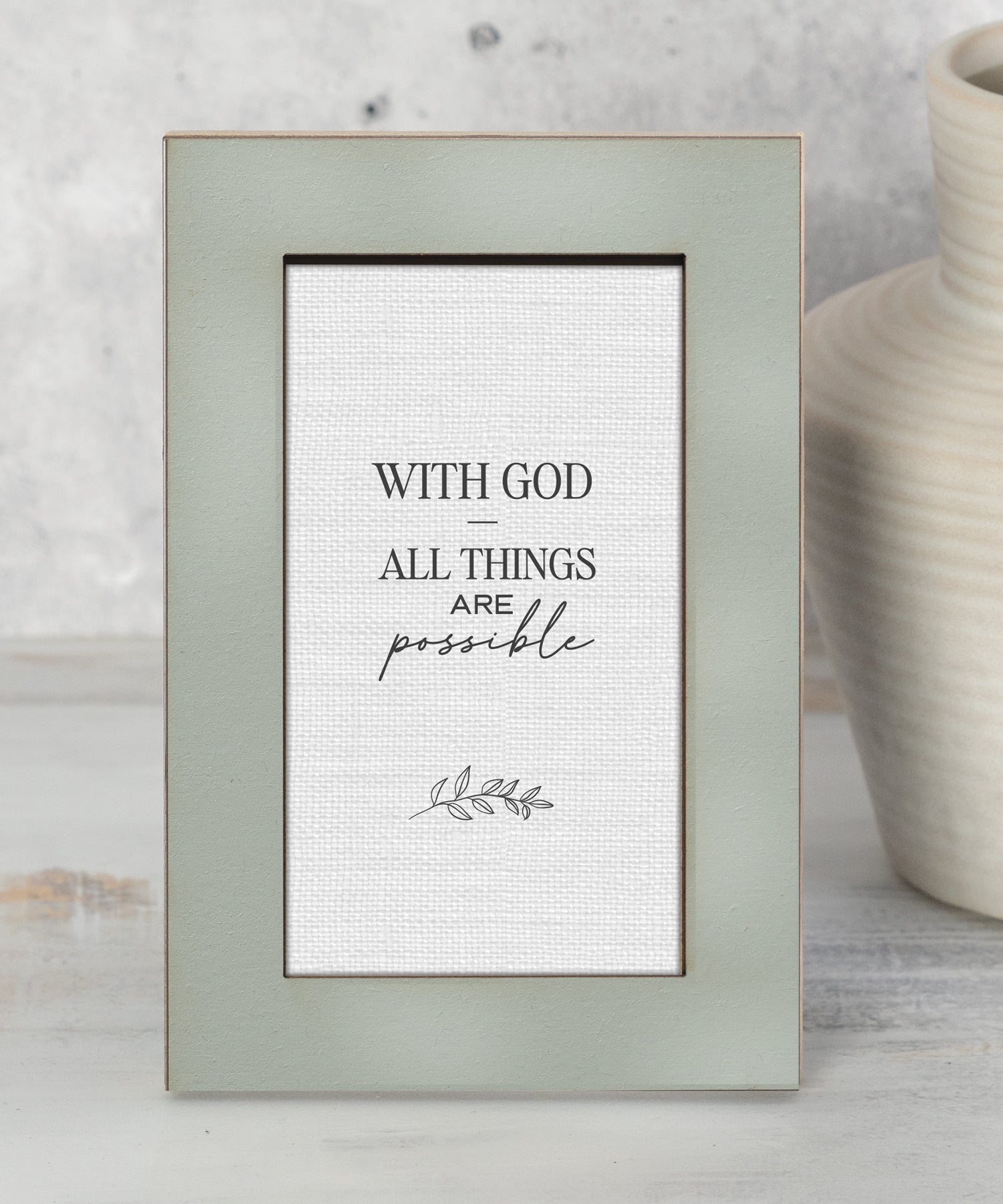 Modern Grace With God, All Things Are Possible 4x6 MDF tabletop plaque with neutral layered frame inspired by Matthew 19:26