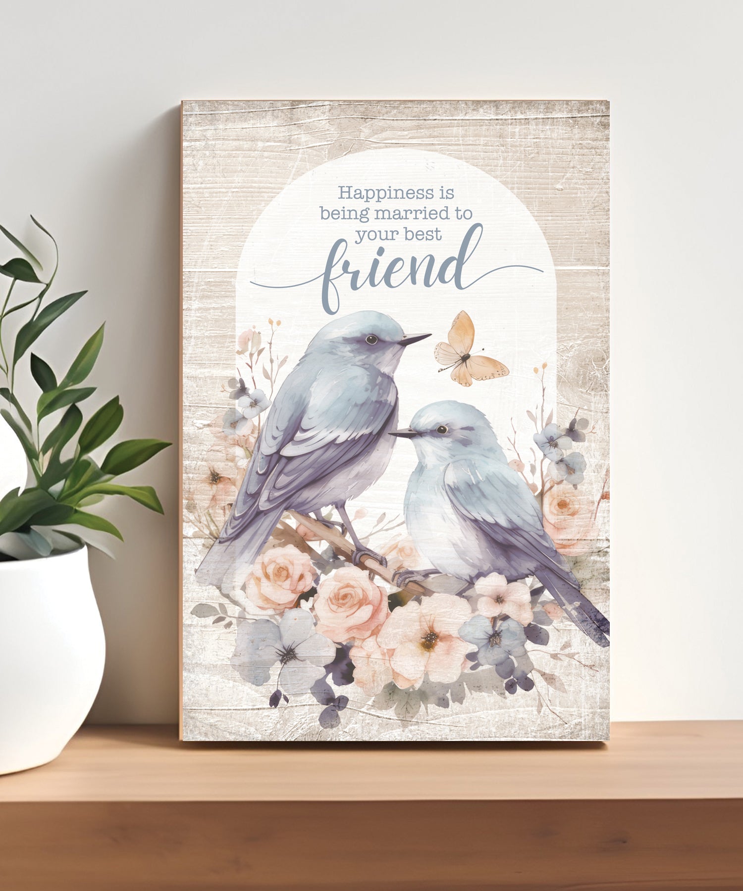 Happiness Is Being Married 4x6 MDF Plaque with Inspirational Message in Farmhouse-Style Hues and Natural Wood Edge