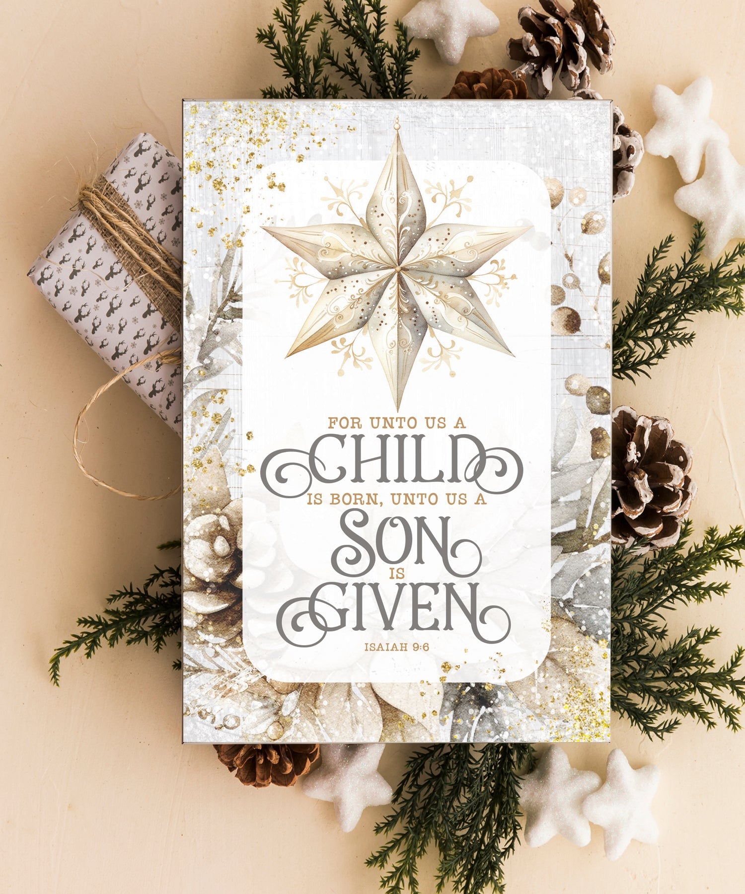 For Unto Us a Child 4x6 MDF Christmas plaque with Isaiah 9:6 scripture and farmhouse-style design