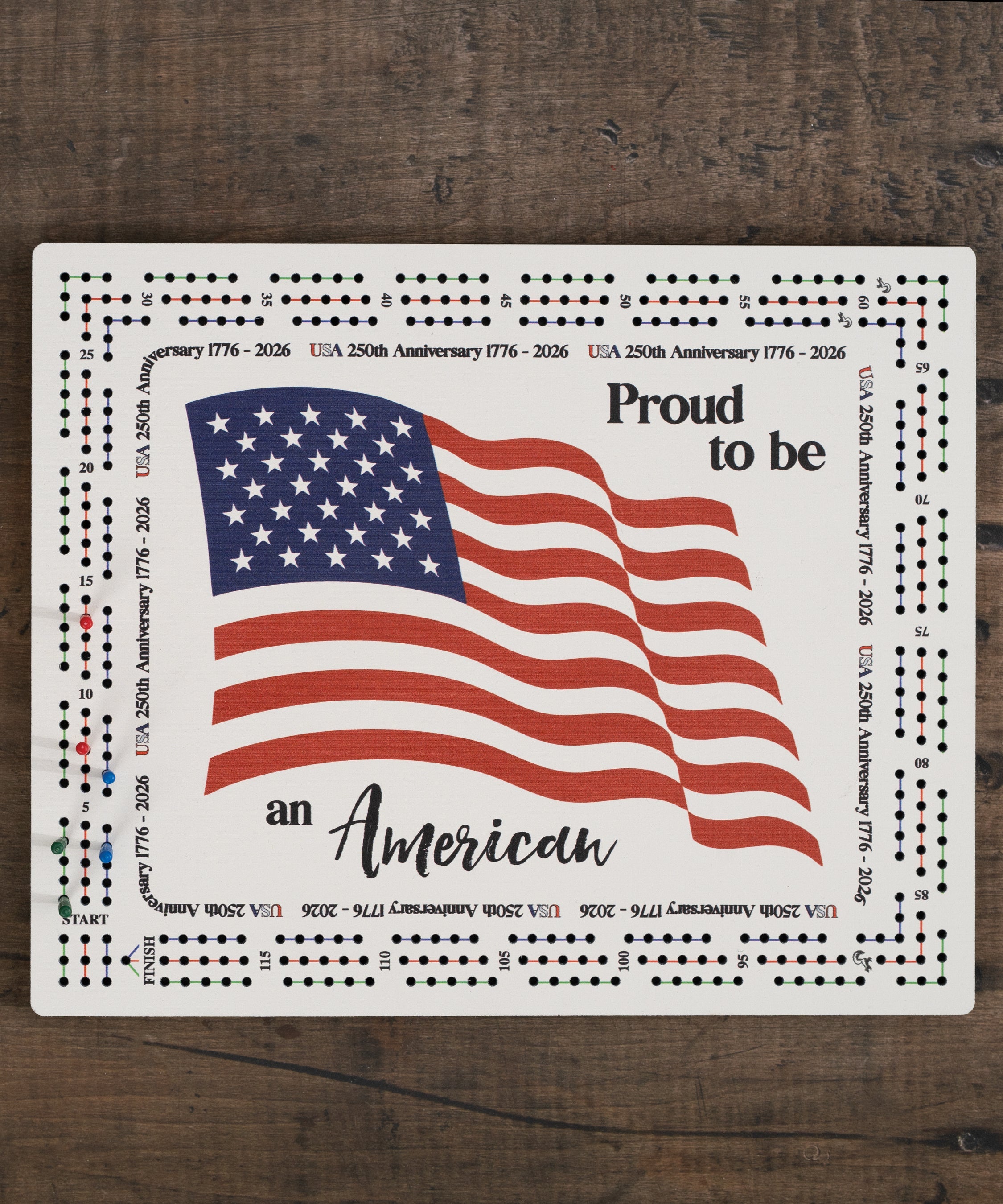 American Flag 250th Anniversary Cribbage Board with full-color artwork, built-in peg storage, and MDF wood construction