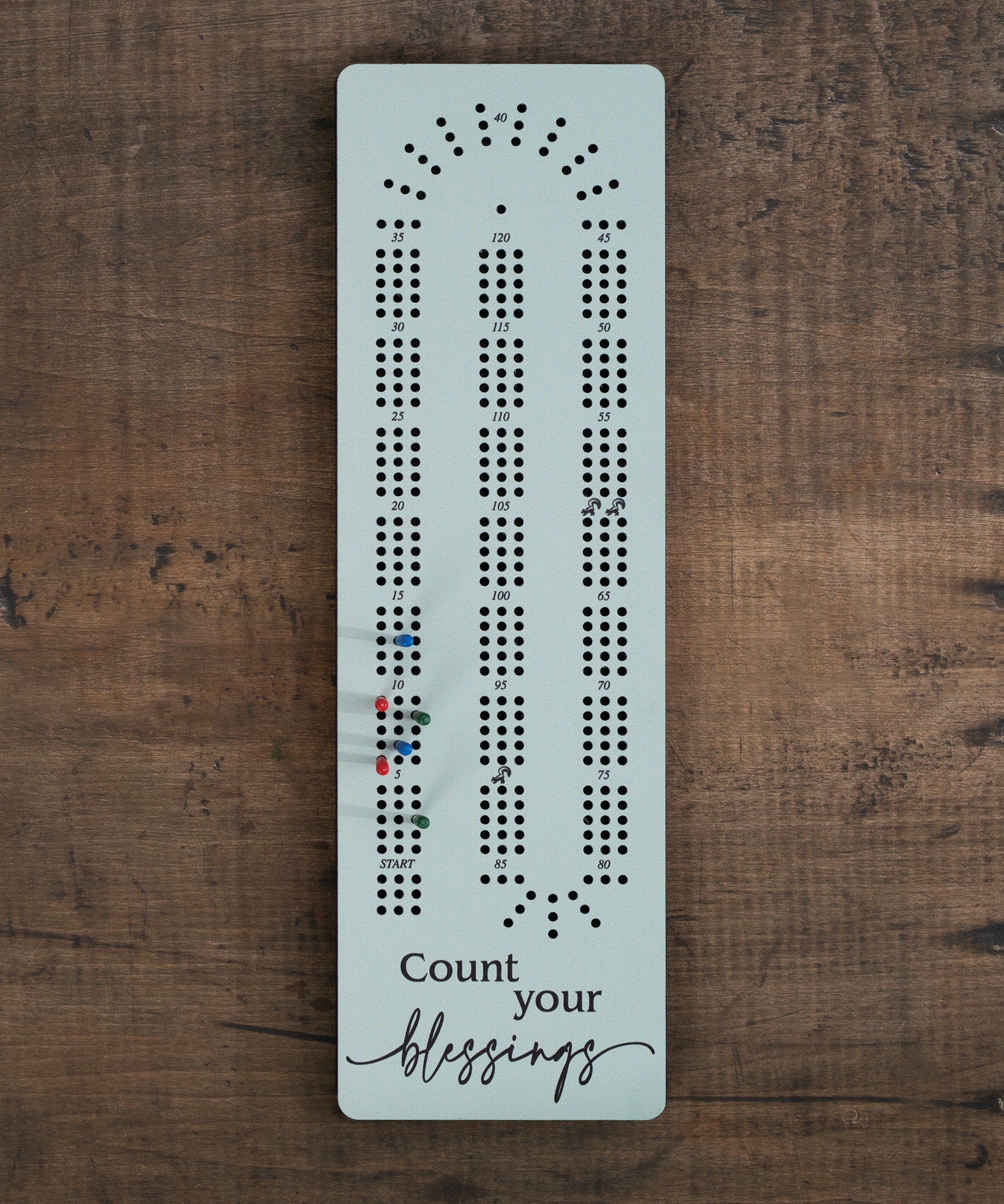 Count Your Blessings cribbage board with inspirational verse and built-in peg storage