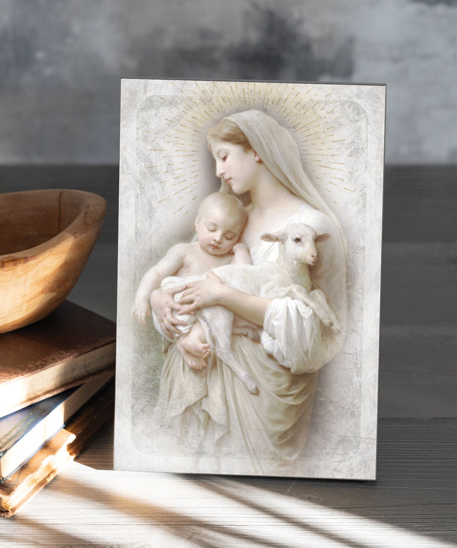 L’Innocence 6x9 MDF plaque with full-color faith artwork, natural wood edge, and easel back for tabletop or wall display