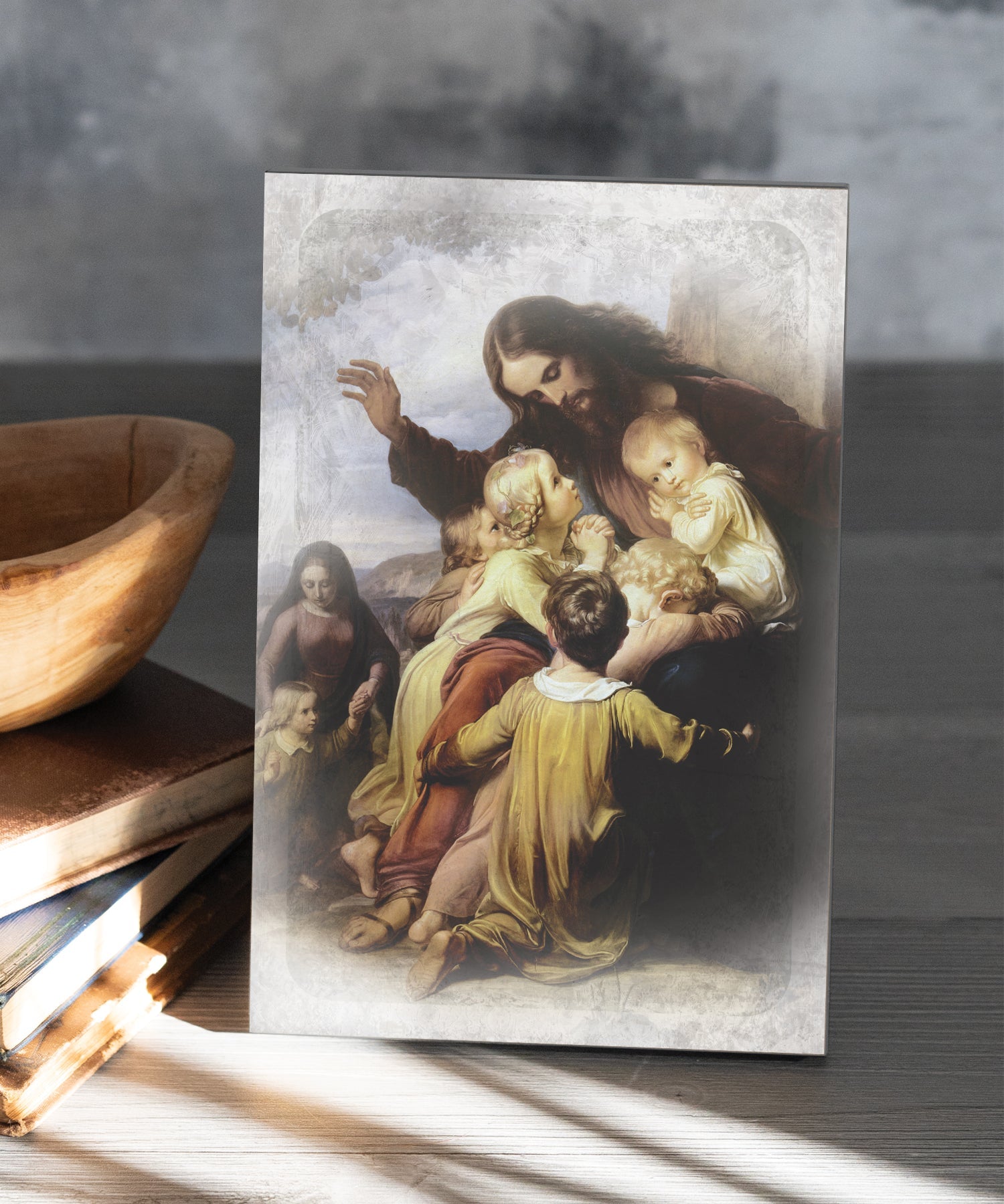Let the Children Come Unto Me 6x9 MDF Plaque has natural edges, muted tones, and inspirational imagery reflecting our faith in God. The plaque features full-color printing and a metal hanger and easel back.