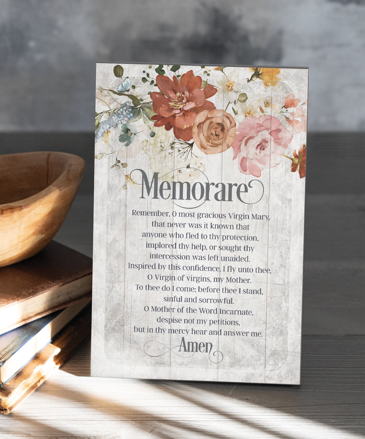 Memorare Prayer 6x9 MDF Plaque has natural edges, muted tones, and an inspirational prayer reflecting our faith in God. The plaque features full-color printing and a metal hanger and easel back.