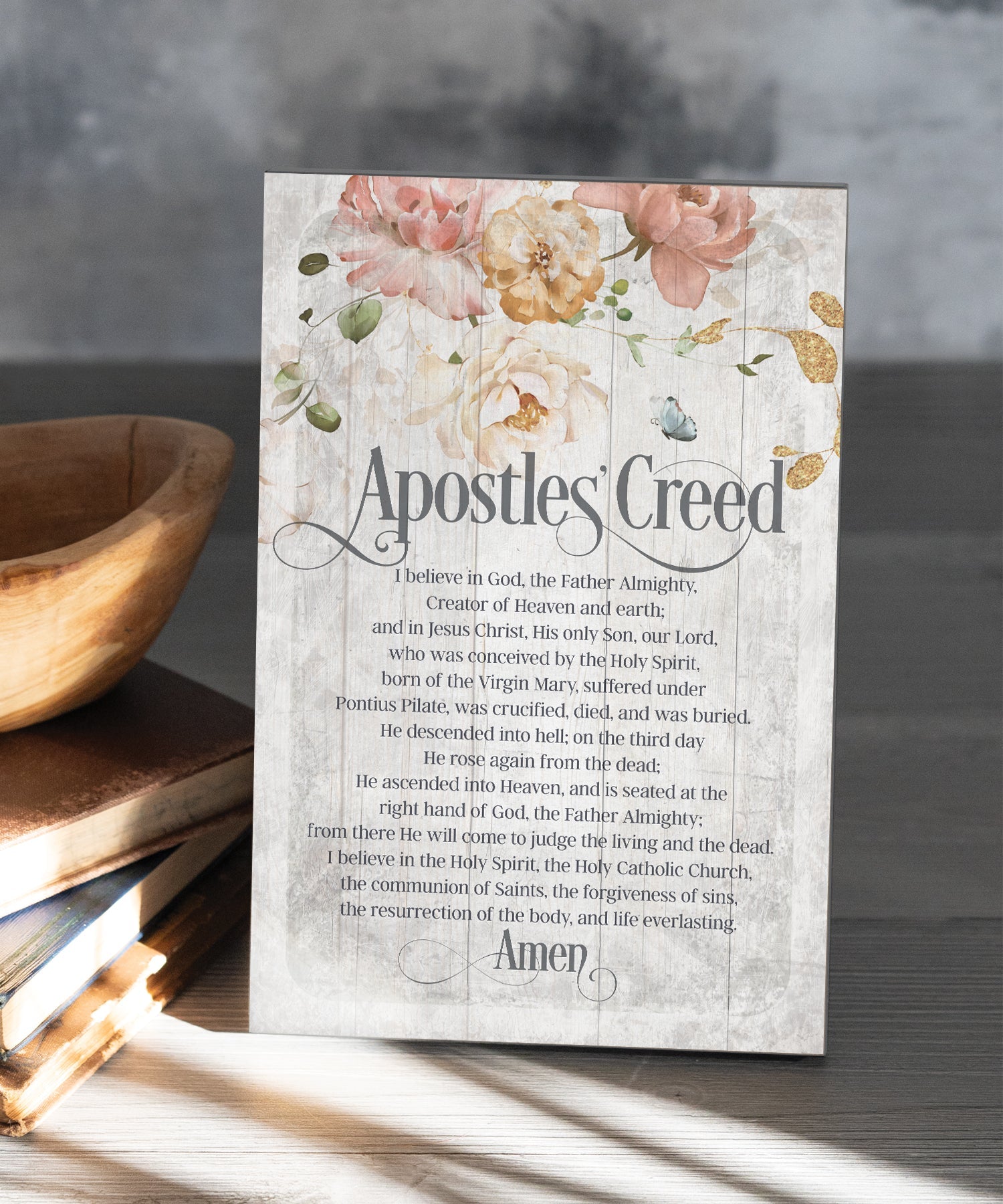 Apostles Creed 6x9 MDF Plaque has natural edges, muted tones, and an inspirational prayer reflecting our faith in God. The plaque features full-color printing and a metal hanger and easel back.