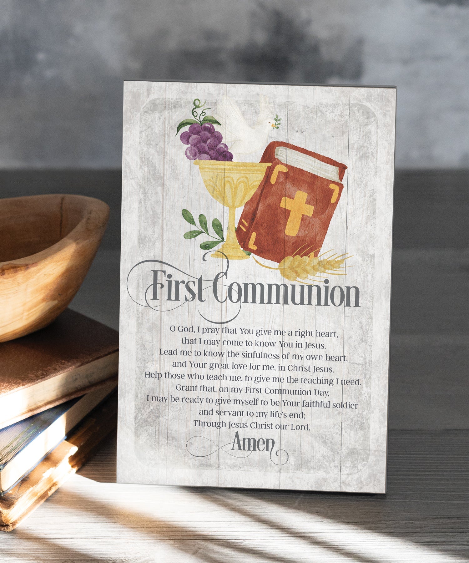 First Communion 6x9 MDF Plaque has natural edges, muted tones, and an inspirational prayer reflecting our faith in God. The plaque features full-color printing and a metal hanger and easel back.
