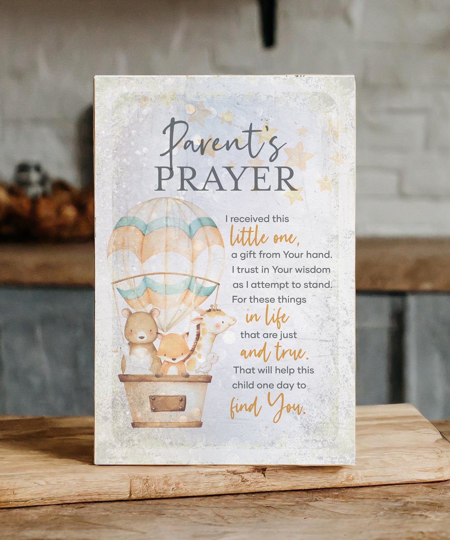 Parent’s Prayer 6x9 MDF Plaque has natural edges, inspirational verse, and muted tones to fit any decor. The plaque features full-color printing and a metal hanger and easel back.