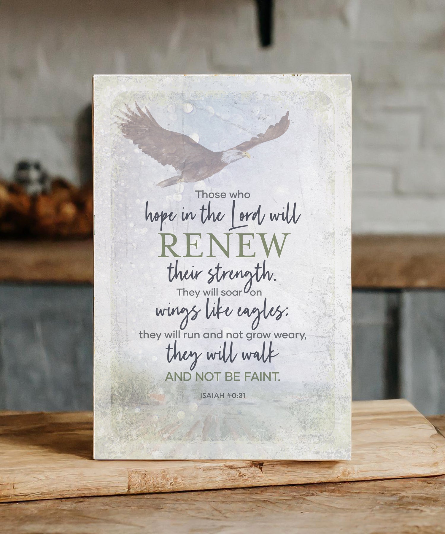 Those Who Hope in the Lord 6x9 MDF Plaque has natural edges, inspirational verse, and muted tones to fit any decor. The plaque features full-color printing and a metal hanger and easel back.