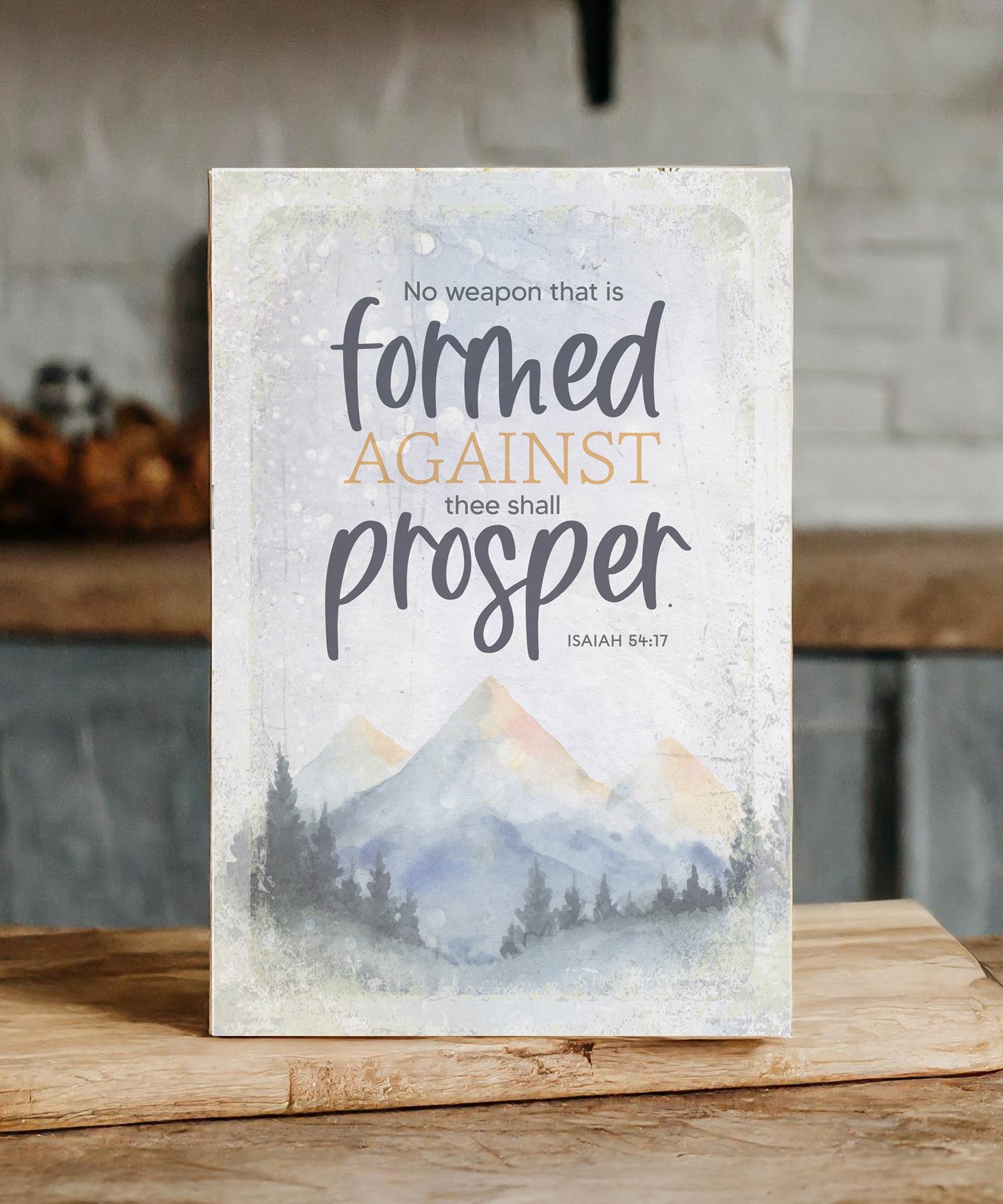 No Weapon 6x9 MDF plaque with neutral tones, natural wood edge, easel back, and Isaiah 54:17 scripture verse