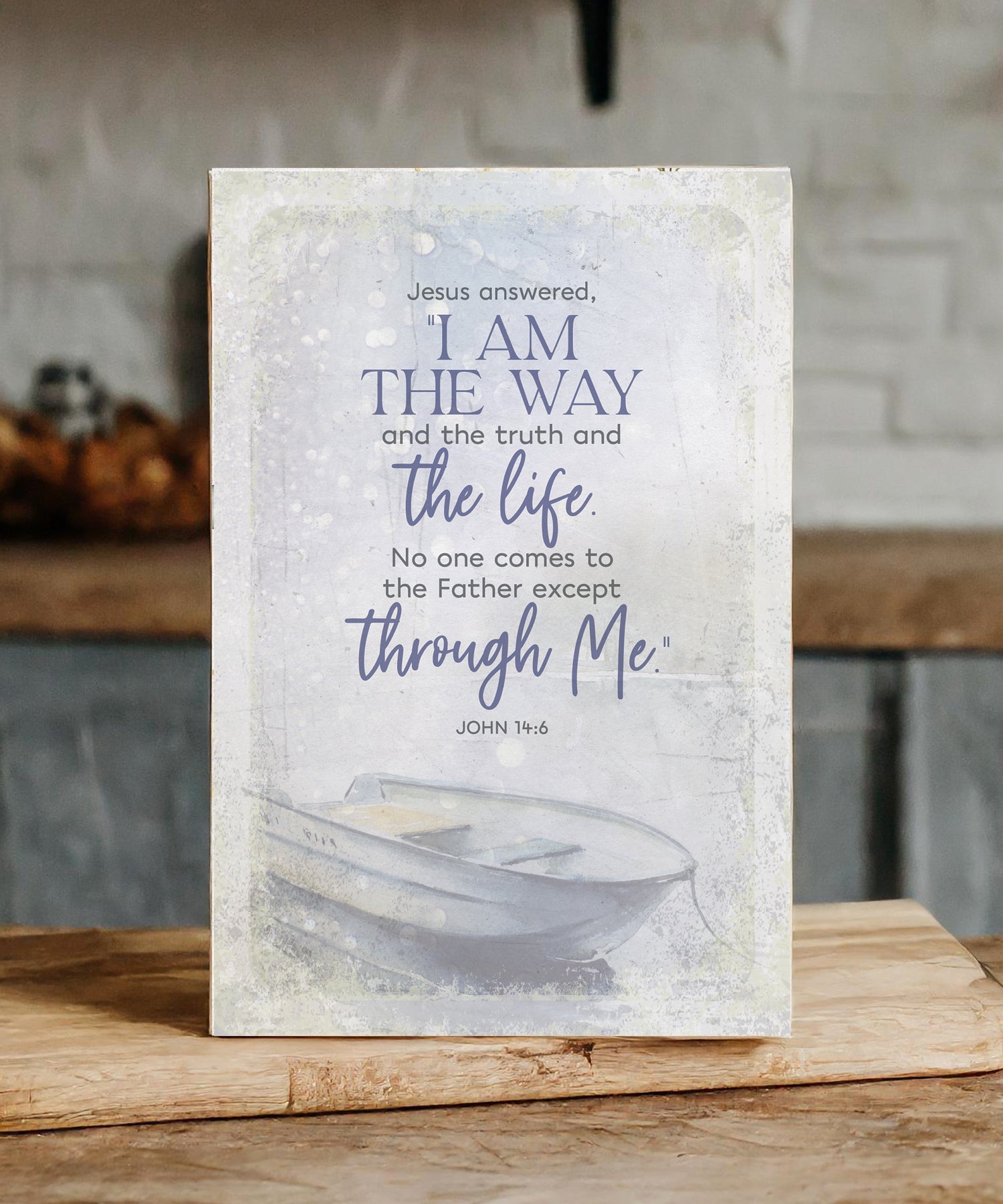 I Am the Way 6x9 MDF Plaque has natural edges, inspirational verse, and muted tones to fit any decor. The plaque features full-color printing and a metal hanger and easel back.