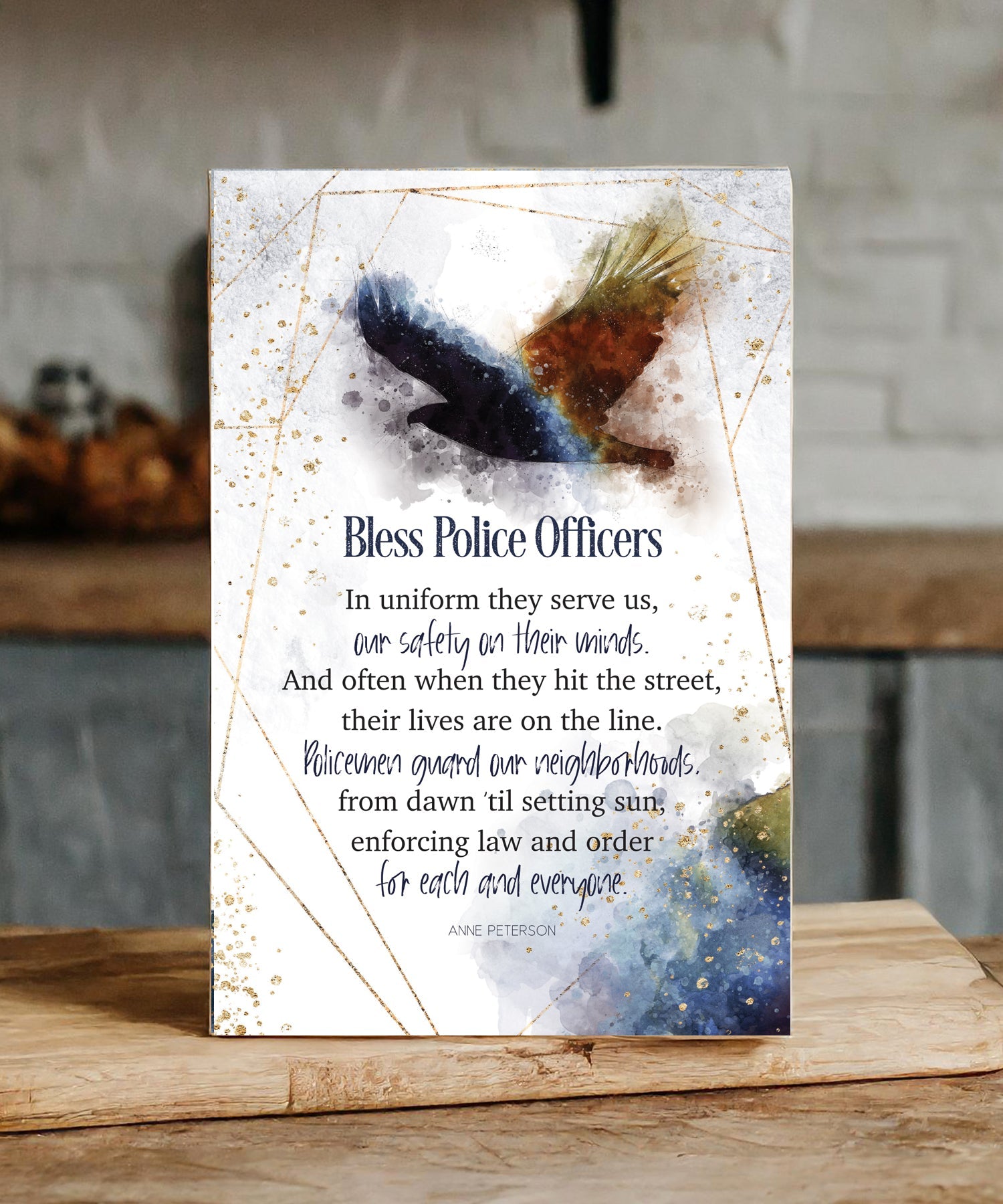 Bless Police Officers 6x9 MDF Plaque with neutral tones, watercolor design, and inspirational verse