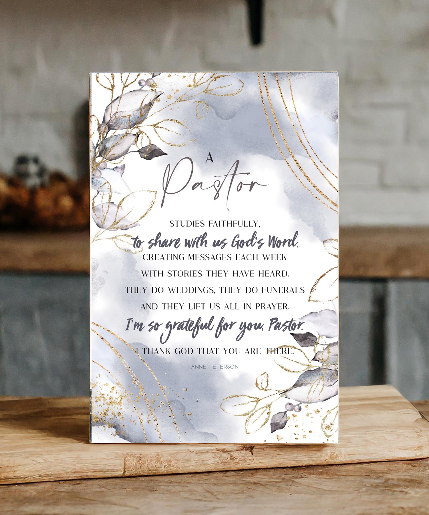 A Pastor 6x9 MDF Plaque with neutral tones, watercolor design, and inspirational verse