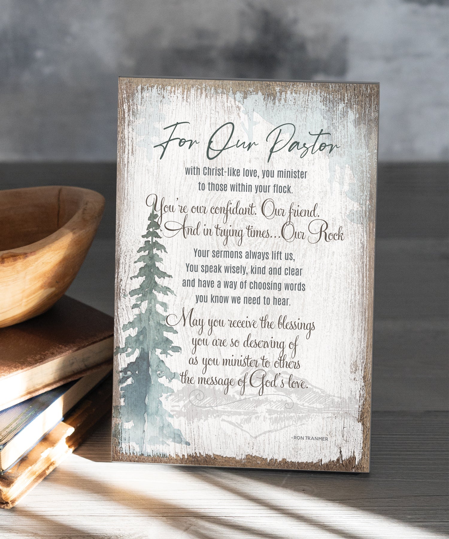 For Our Pastor 6x9 MDF Plaque has silver edges, inspirational verse, and a modern farmhouse style to fit any decor. The plaque features full-color printing and a metal hanger and easel back.