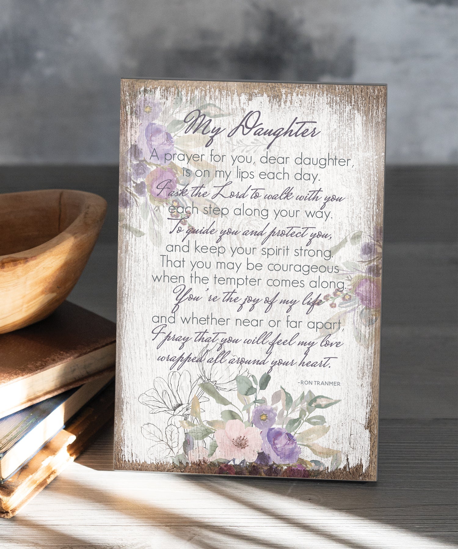 My Daughter 6x9 MDF Plaque has silver edges, inspirational verse, and a modern farmhouse style to fit any decor. The plaque features full-color printing and a metal hanger and easel back.