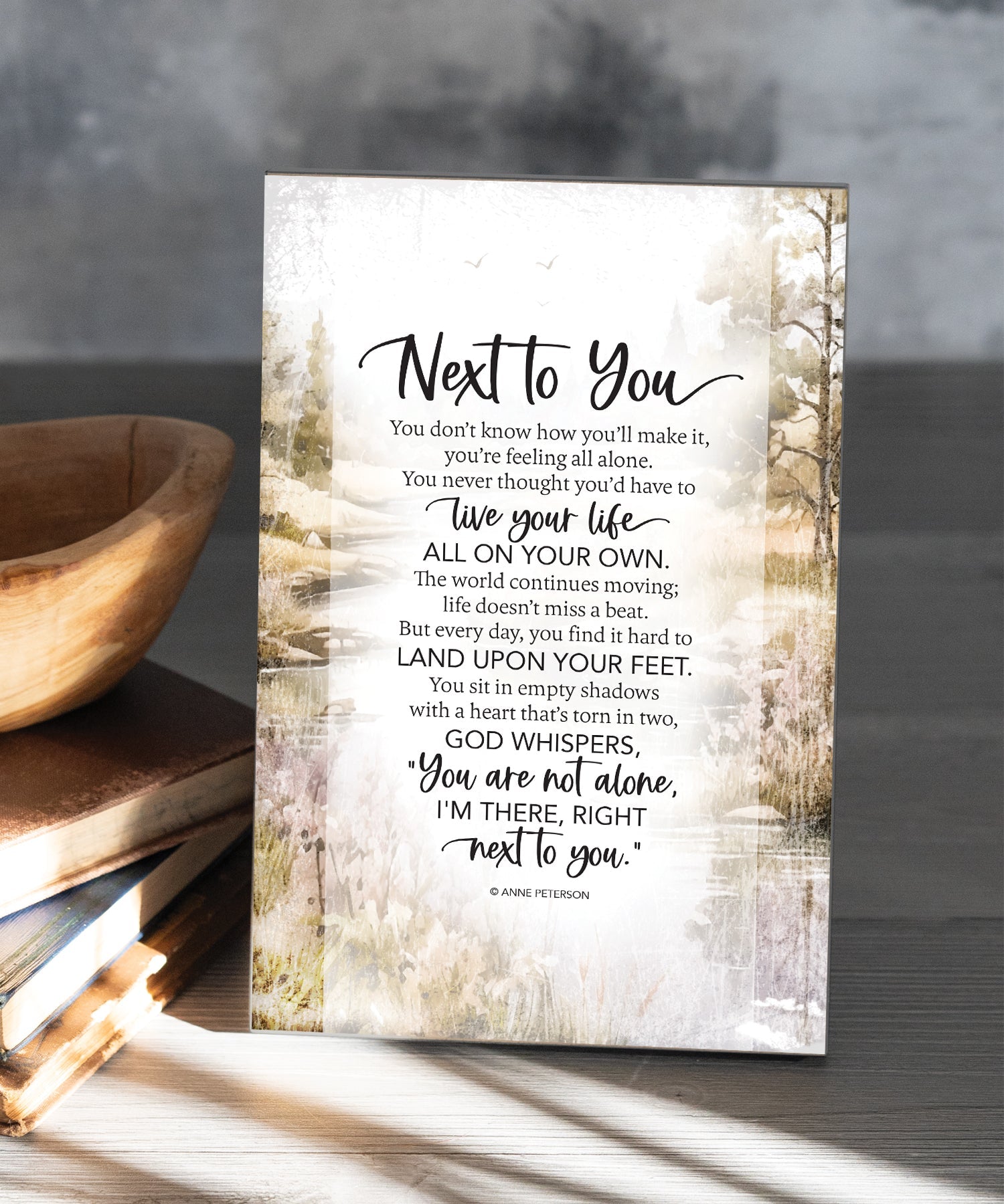 Next to You 6x9 MDF Plaque has silver edges, inspirational verse, and a modern farmhouse style to fit any decor. The plaque features full-color printing and a metal hanger and easel back.