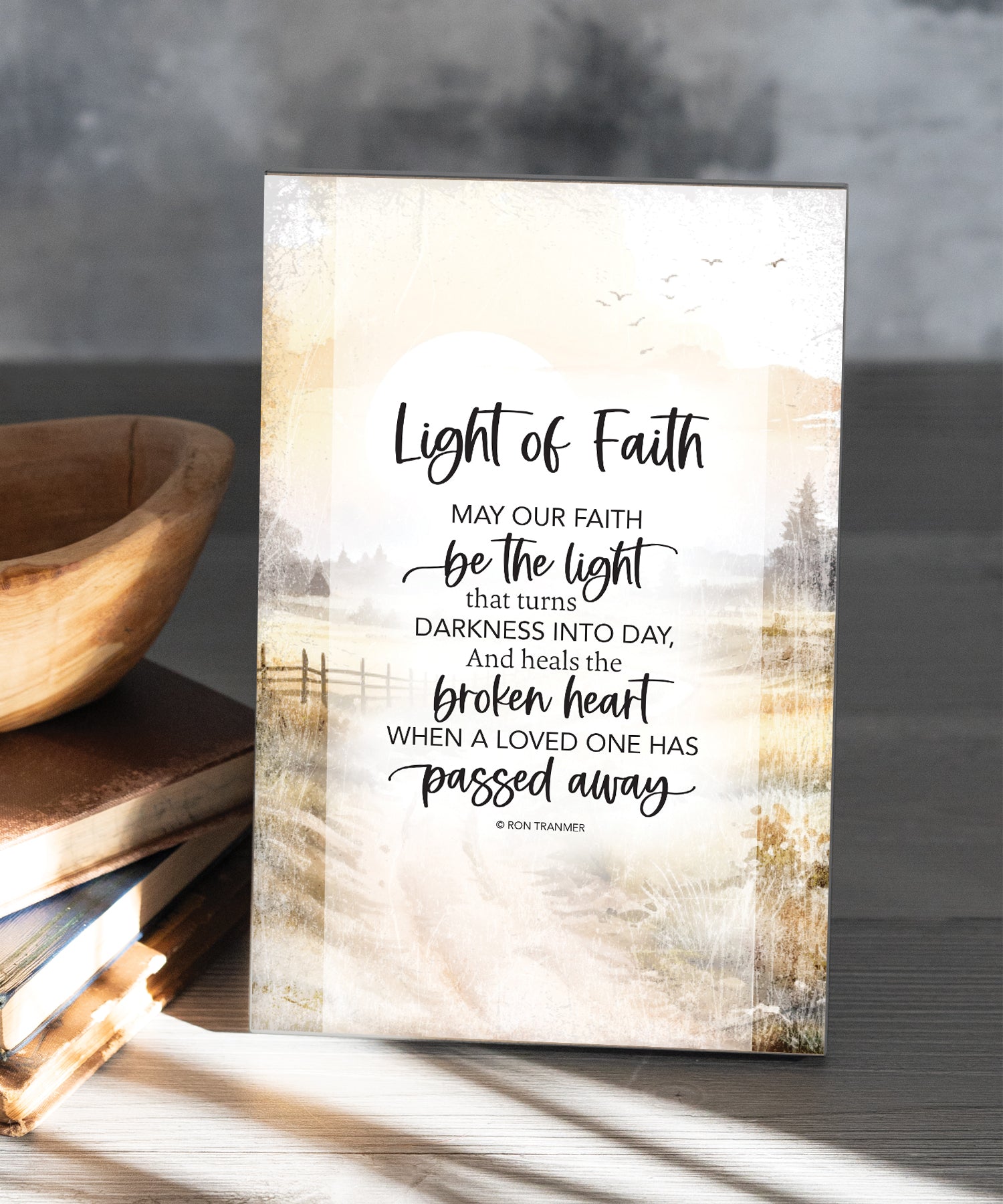 Light of Faith 6x9 MDF Plaque has silver edges, inspirational verse, and a modern farmhouse style to fit any decor. The plaque features full-color printing and a metal hanger and easel back.