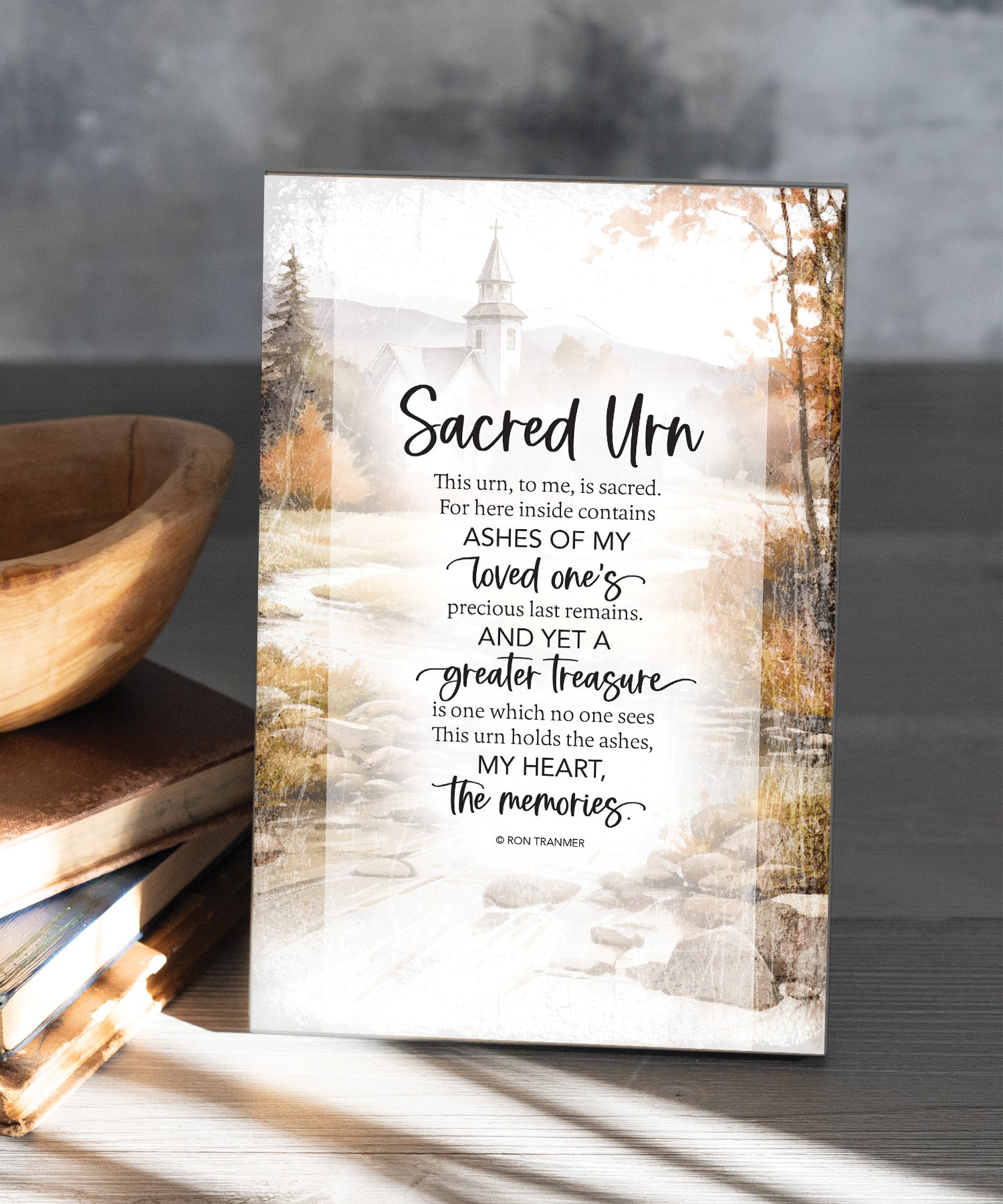 Sacred Urn 6x9 MDF Plaque has silver edges, inspirational verse, and a modern farmhouse style to fit any decor. The plaque features full-color printing and a metal hanger and easel back.
