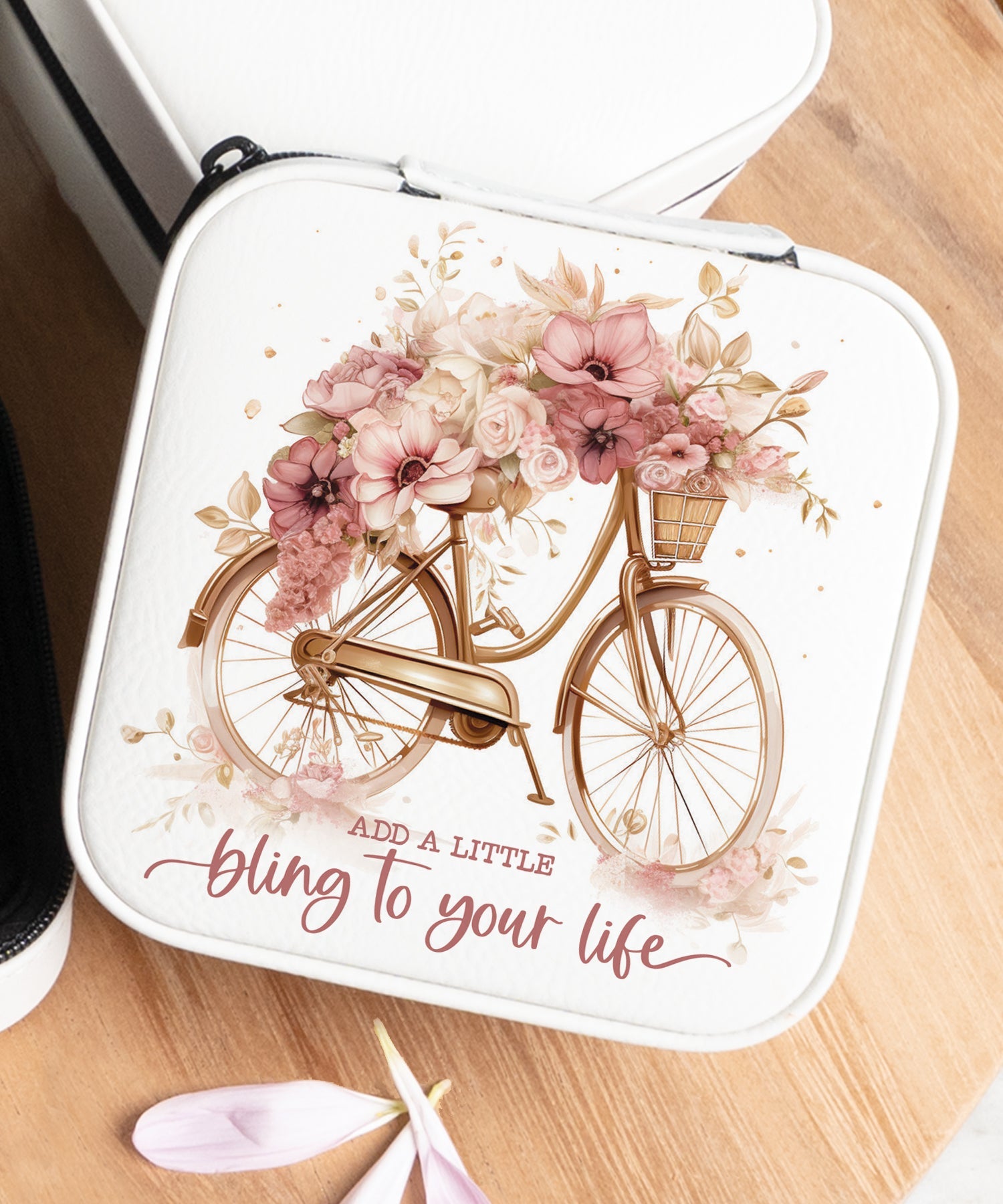 Add a Little Bling travel jewelry case with inspirational message and zipper closure