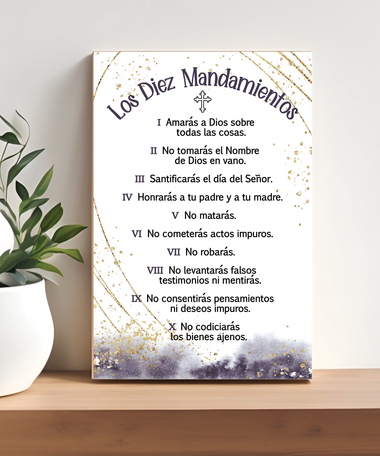10 Commandments Spanish 4x6 MDF plaque with biblical commandments and neutral artwork